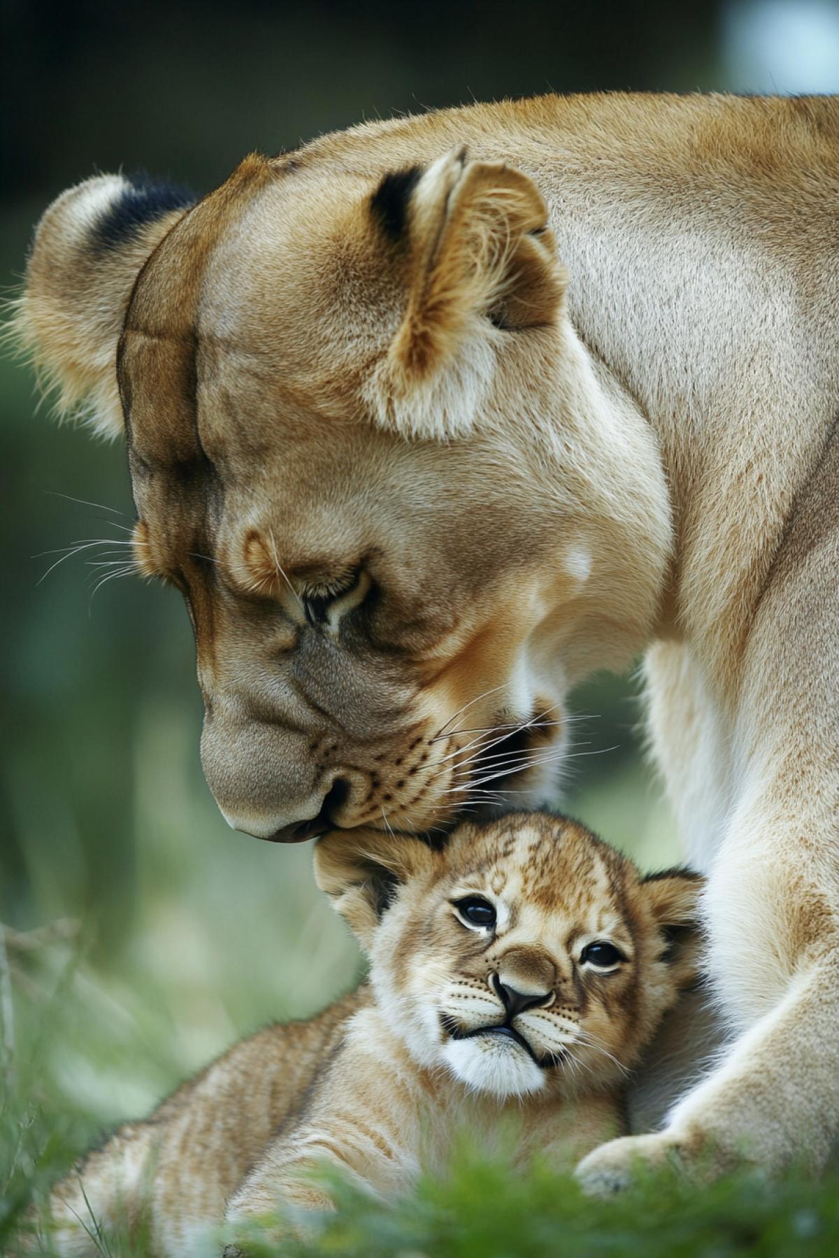 Lioness plays with a lion cub
