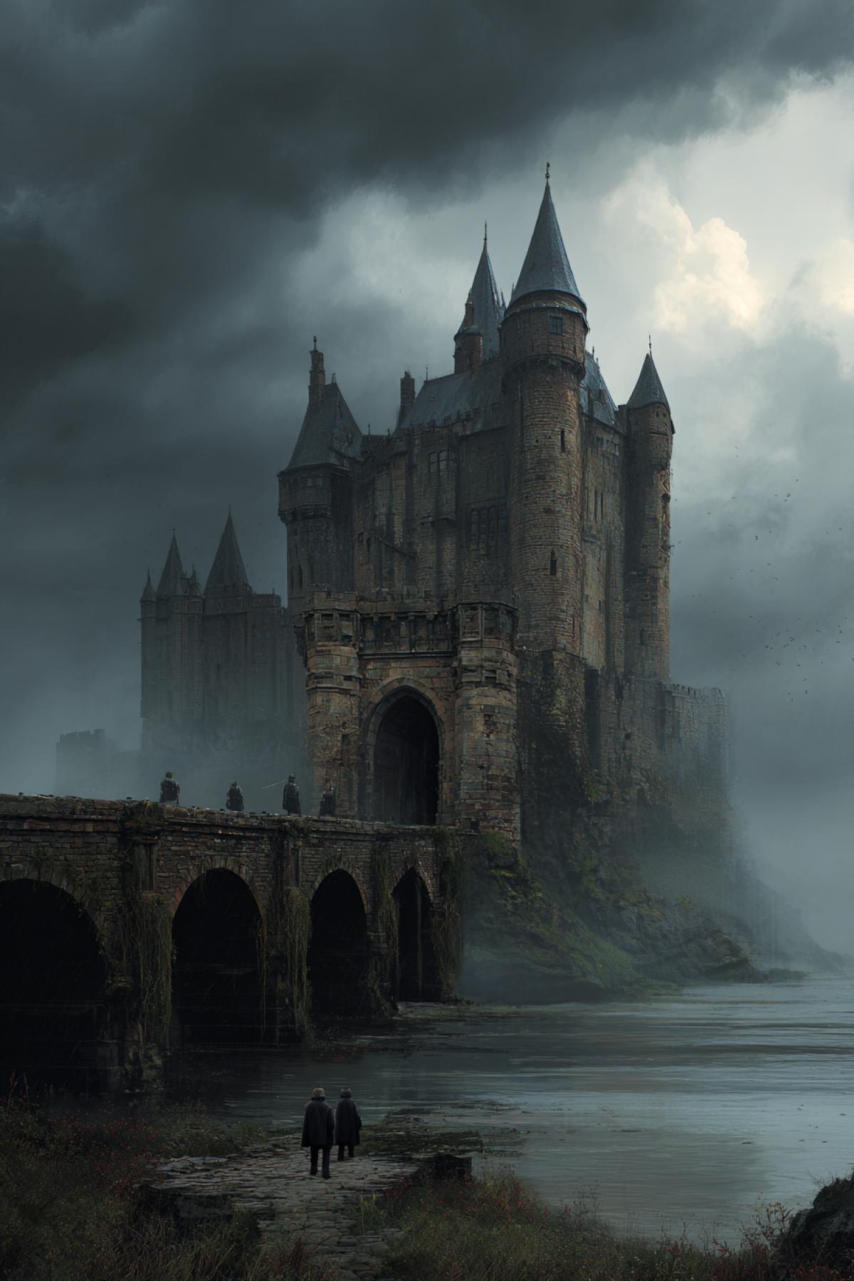 Gothic gloomy castle, with guards at the entrance during storm and thunderclouds. The bridge is falling apart in front of the lock