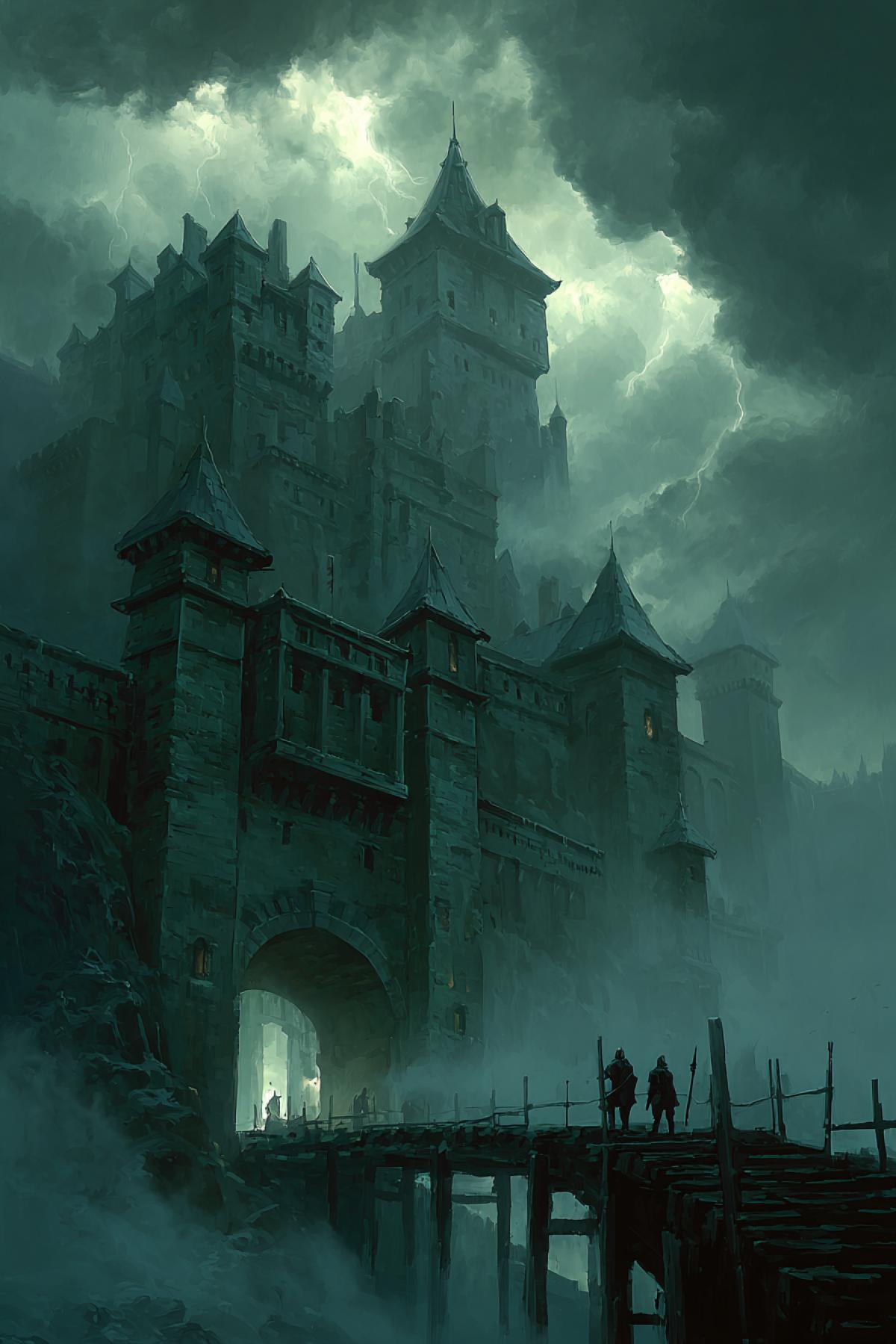 Gothic gloomy castle, with guards at the entrance during storm and thunderclouds. The bridge is falling apart in front of the lock
