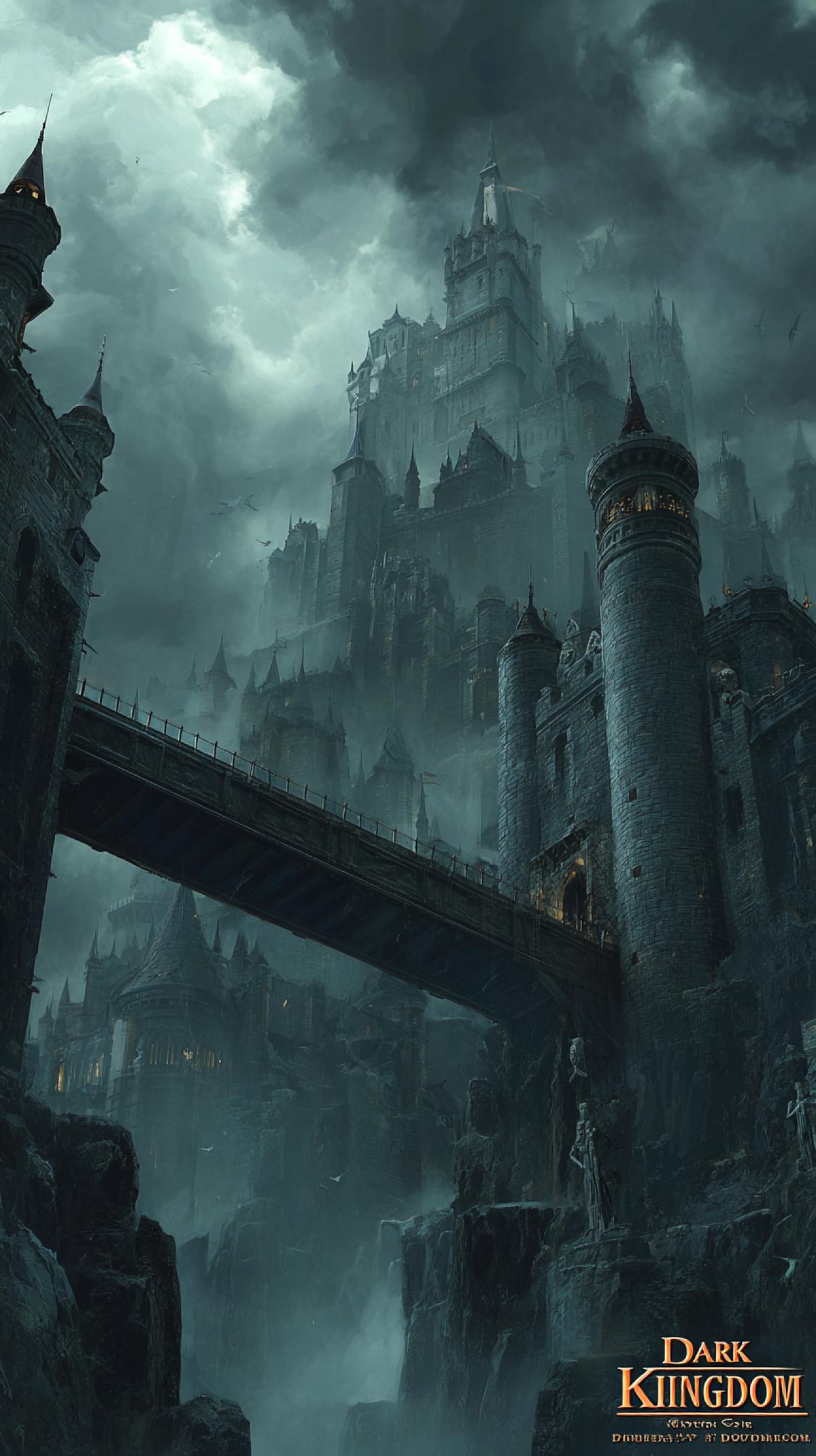 The Dark Kingdom. We offer you to immerse yourself in the atmosphere of a gloomy kingdom, where heavy thunderclouds hang over the tall dark towers. an image with details of the \"Dark Kingdom\": an ominous stone castle on a rocky cliff, crumbling bridges, skeletal guards and ghostly silhouettes of nobles in Gothic robes. high detail