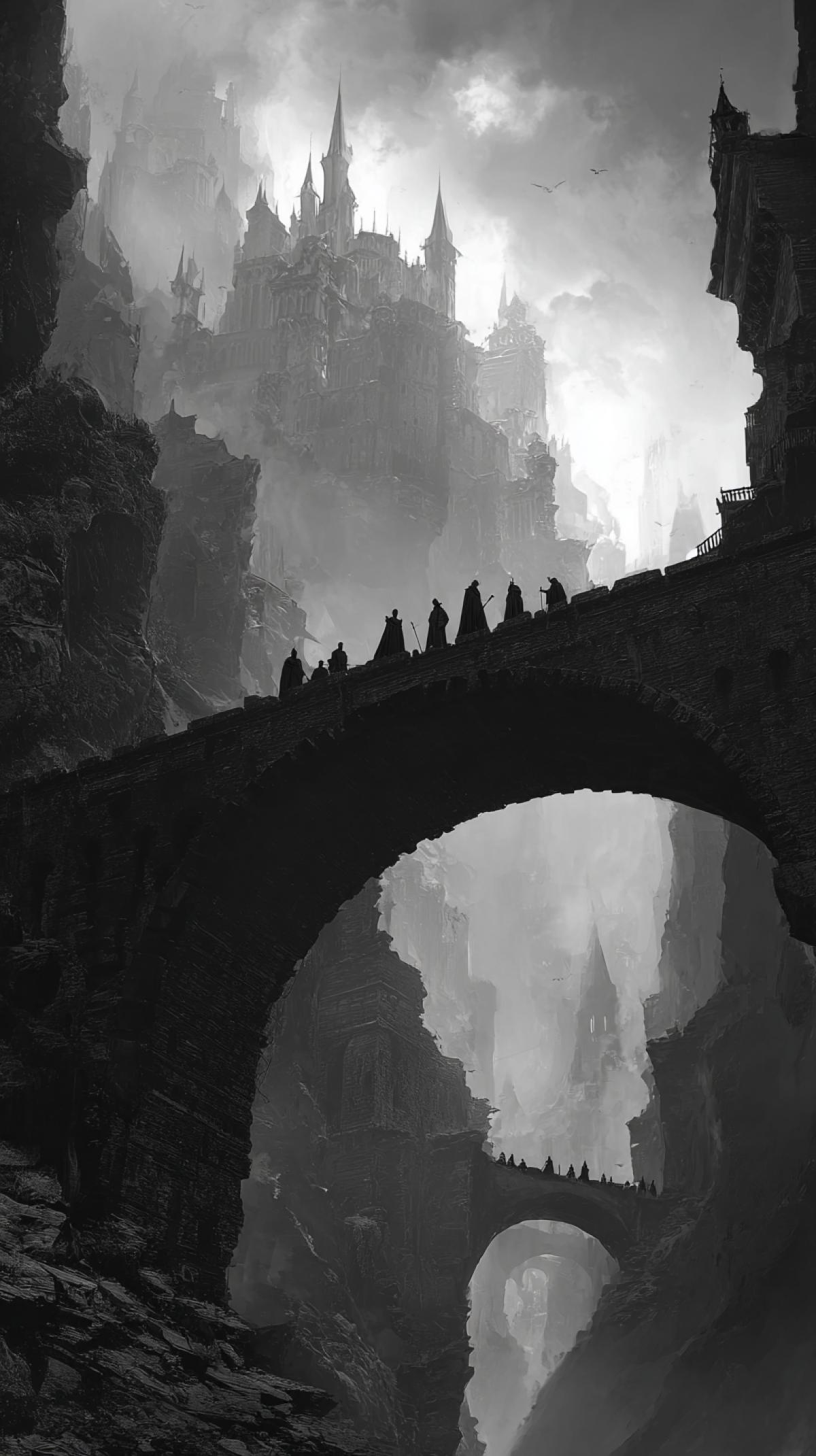 A dark kingdom, an ominous stone castle on a rocky cliff, crumbling bridges, skeletal guards and ghostly silhouettes of nobles in Gothic robes. high detail