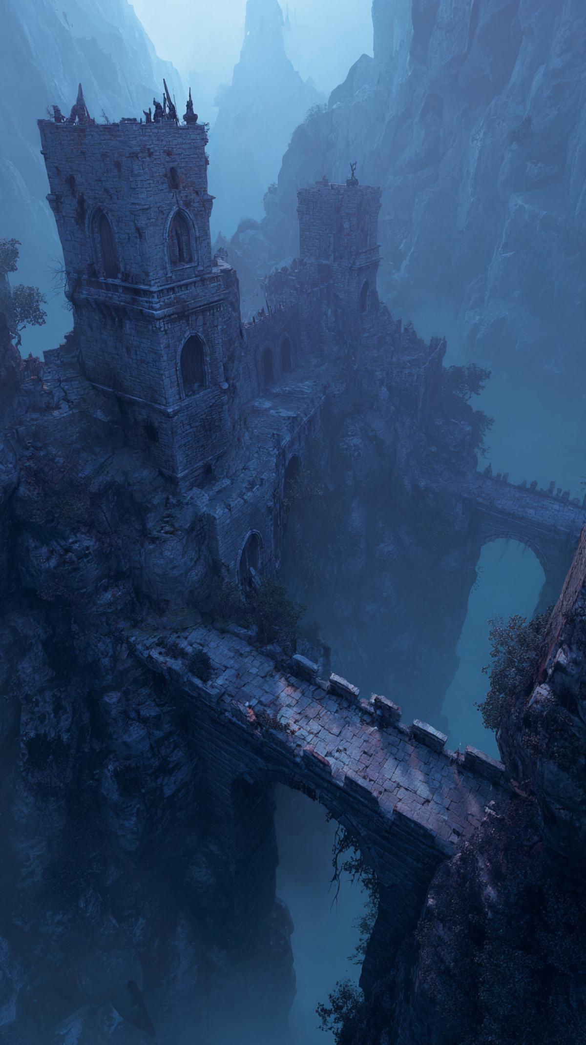A dark kingdom, a sinister stone castle on a rocky cliff, crumbling bridges, skeletal guards. high detail