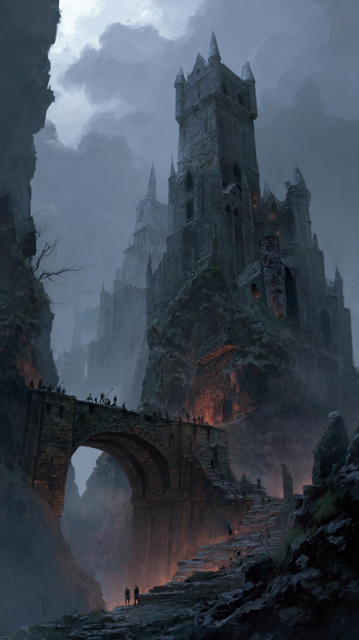A dark kingdom, a sinister stone castle on a rocky cliff, crumbling bridges, skeletal guards. high detail