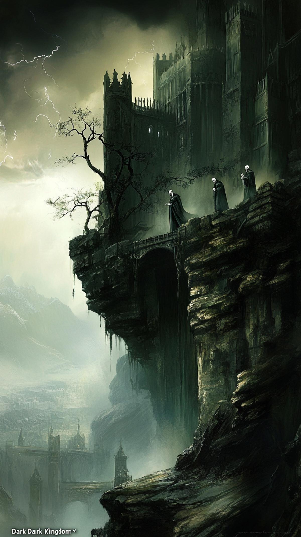 atmosphere of a dark kingdom in a thunderstorm, lightning, where heavy thunderclouds hang over high dark towers. image with details of the \"Dark Kingdom\": an ominous stone castle, entwined with ivy and branchy dark grapes, on a rocky cliff, a crumbling bridge, skeletal guards and ghostly silhouettes of nobles in Gothic clothes.