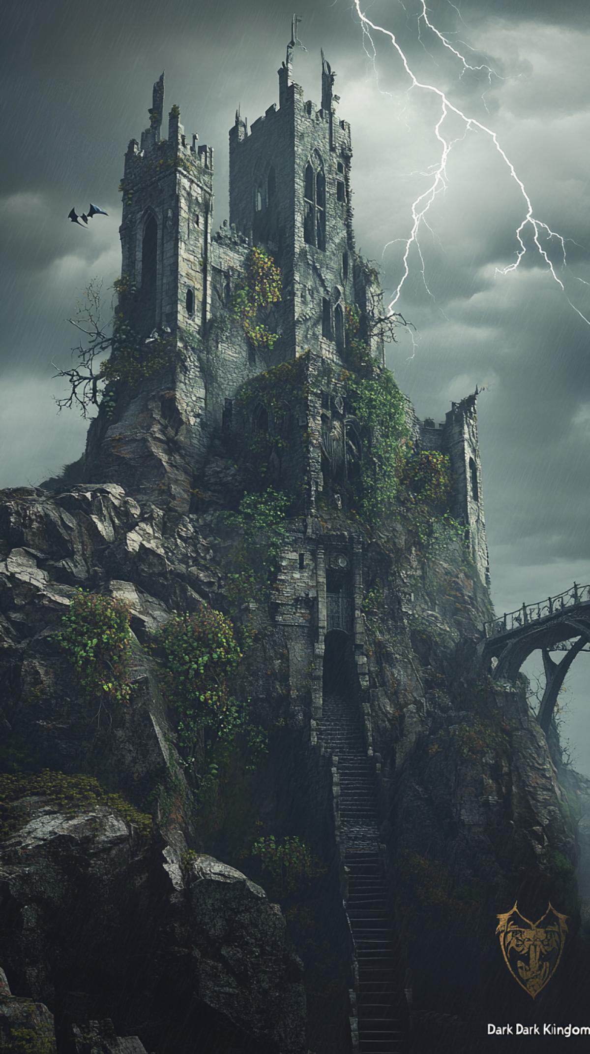atmosphere of a dark kingdom in a thunderstorm, lightning, where heavy thunderclouds hang over high dark towers. image with details of the \"Dark Kingdom\": an ominous stone castle, entwined with ivy and branchy dark grapes, on a rocky cliff, a crumbling bridge, skeletal guards and ghostly silhouettes of nobles in Gothic clothes.