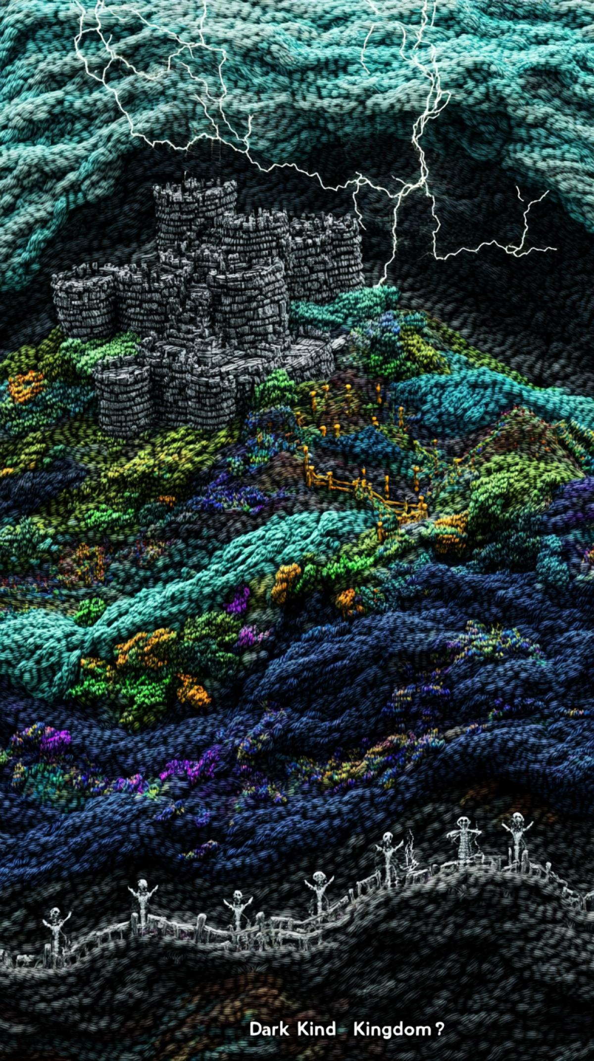 atmosphere of a dark kingdom in a thunderstorm, lightning, where heavy thunderclouds hang over high dark towers. image with details of the \"Dark Kingdom\": an ominous stone castle, entwined with ivy and branchy dark grapes, on a rocky cliff, a crumbling bridge, skeletal guards and ghostly silhouettes of nobles in Gothic clothes.