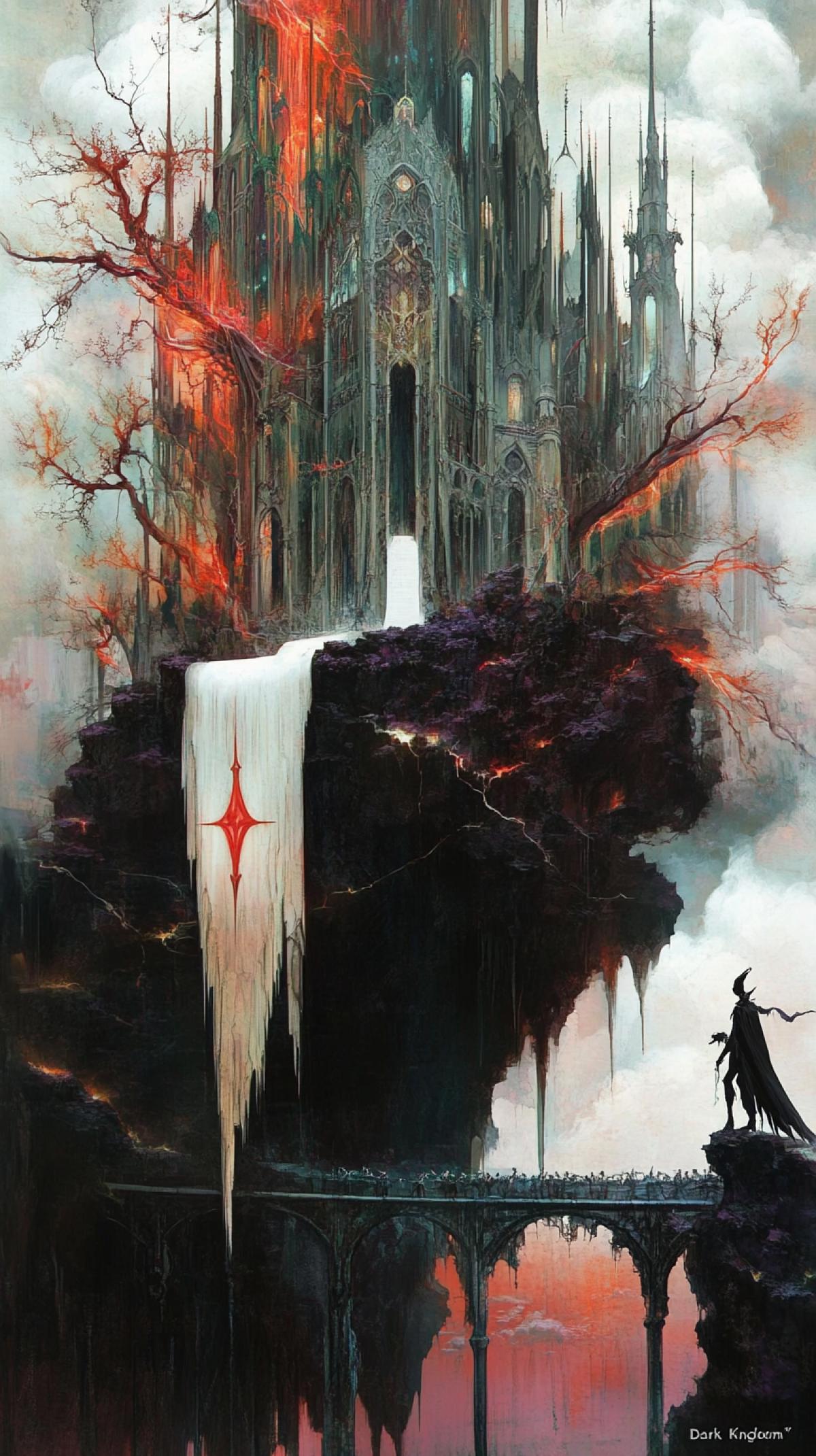 atmosphere of a dark kingdom in a thunderstorm, lightning, where heavy thunderclouds hang over high dark towers. image with details of the \"Dark Kingdom\": an ominous stone castle, entwined with ivy and branchy dark grapes, on a rocky cliff, a crumbling bridge, skeletal guards and ghostly silhouettes of nobles in Gothic clothes.