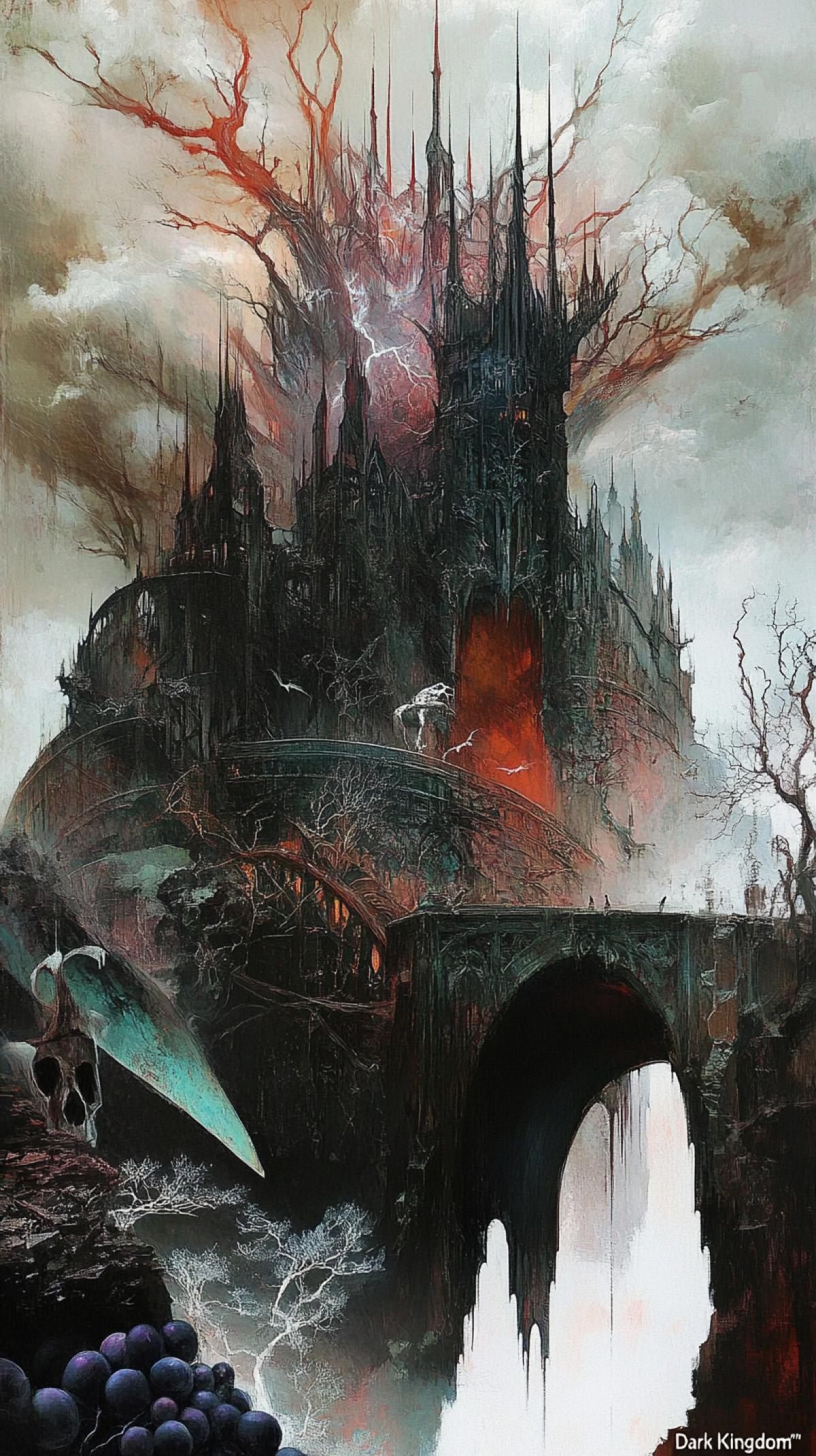 atmosphere of a dark kingdom in a thunderstorm, lightning, where heavy thunderclouds hang over high dark towers. image with details of the \"Dark Kingdom\": an ominous stone castle, entwined with ivy and branchy dark grapes, on a rocky cliff, a crumbling bridge, skeletal guards and ghostly silhouettes of nobles in Gothic clothes.