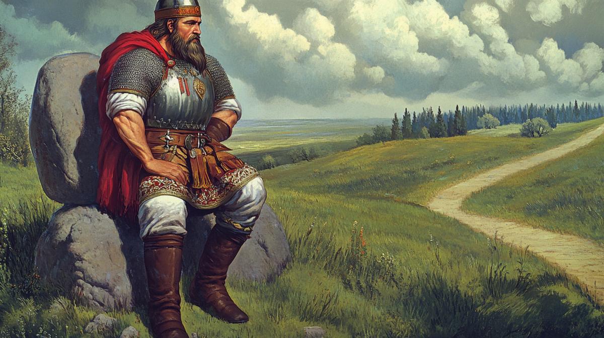 In the foreground, the hero Ilya Muromets looks at the stone in the background for the fork of the steppe sandy road, illustration to the Russian fairy tale of the epic, a fork of roads