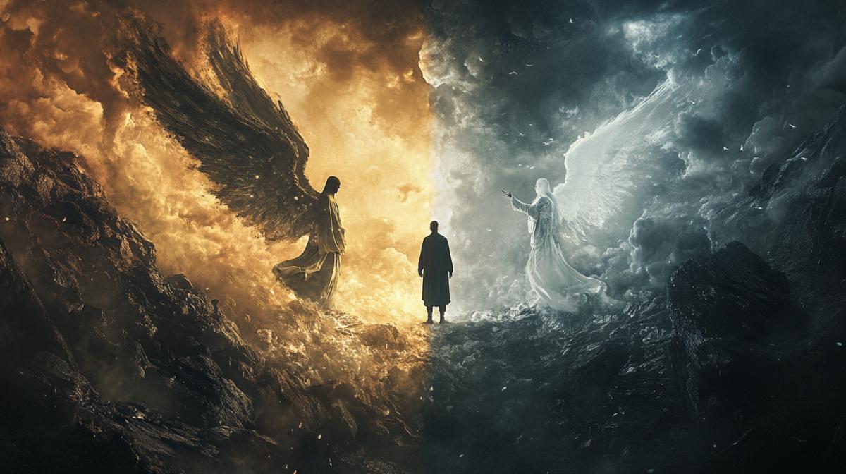 A man of a monk chooses a spiritual road between light and darkness, a dark angel offers darkness, a light angel offers light, cross