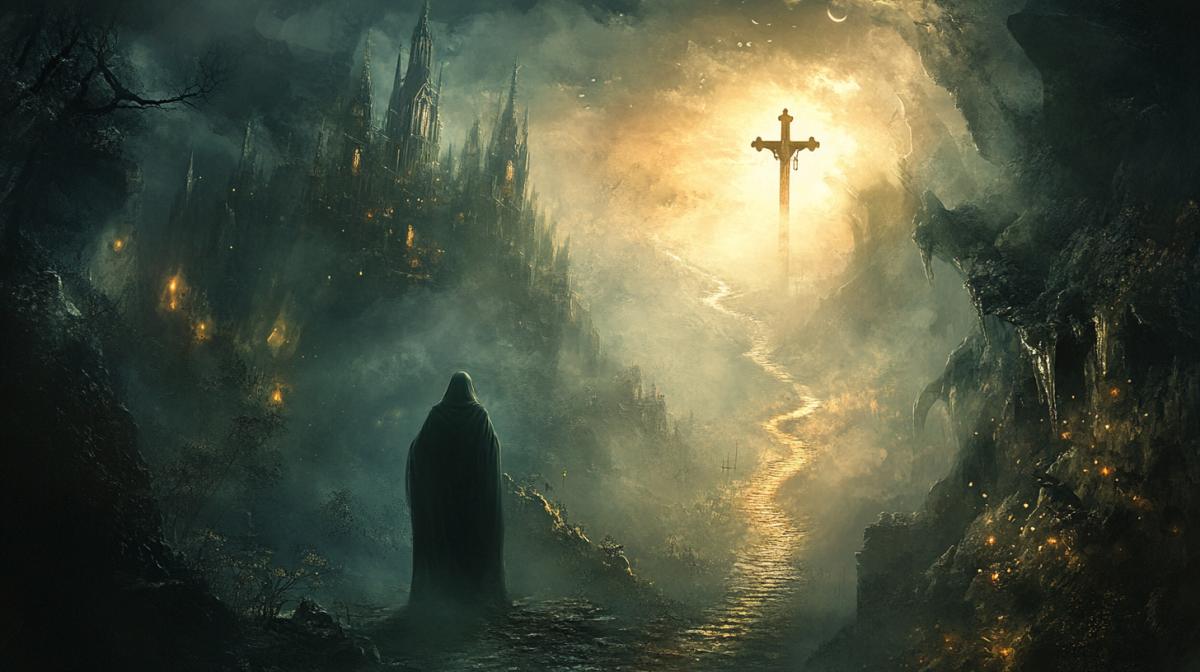 A man of a monk chooses a spiritual road between light and darkness, a dark angel offers darkness, a light angel offers light, cross