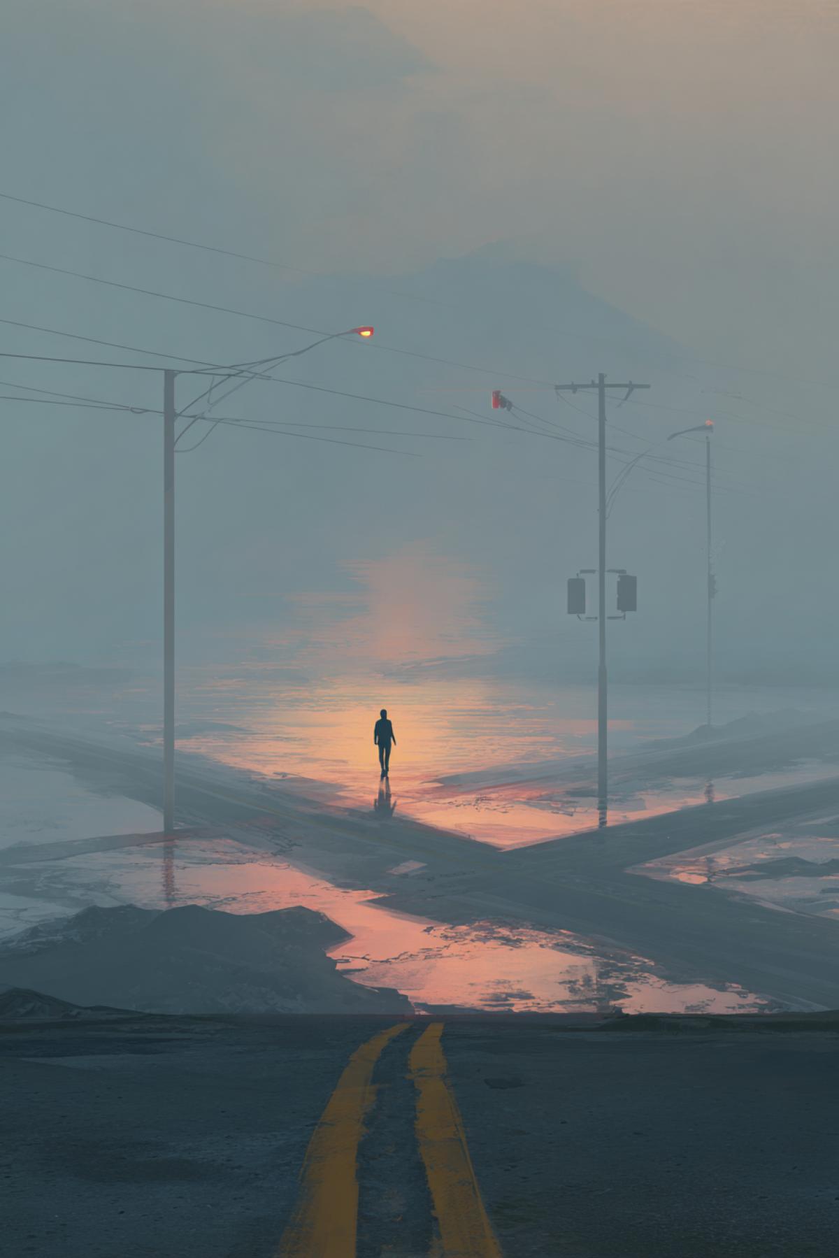 Fog dawn at an abandoned intersection of four roads. On each path there is a different era: a medieval city, a futuristic metropolis, an endless steppe and ocean. In the center is the figure of a traveler whose shadow diverges in four directions. Style: Hyperrealism with elements of magical realism, palette: lead tones with accents of cinnabar.