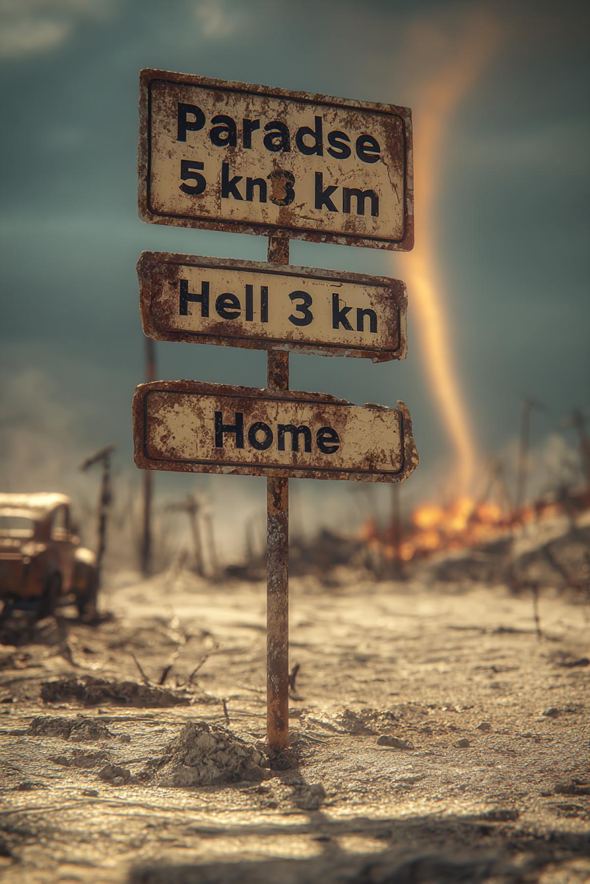 A rusty road sign with ragging signs: \"Paradise 5 km\", \"Hell 3 km\", \"Home φ\". Against the background scorched wasteland with a tornado from the ashes. The Arri Alexa 65 camera, color correction in the style of \"crazy Max\", the depth of sharpness emphasizes cracks on the index.
