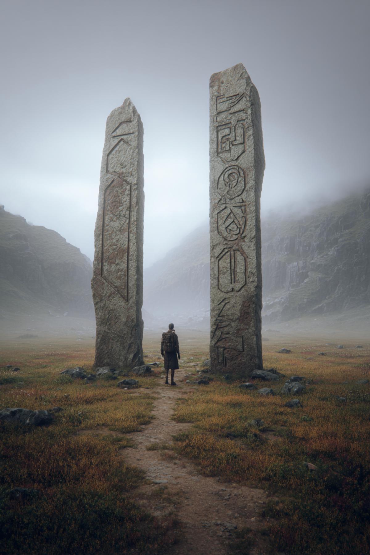 A lone traveler standing at a crossroad with three paths, ancient stone marker with worn symbols, foggy mountains in background, fantasy realism, 4k detailed