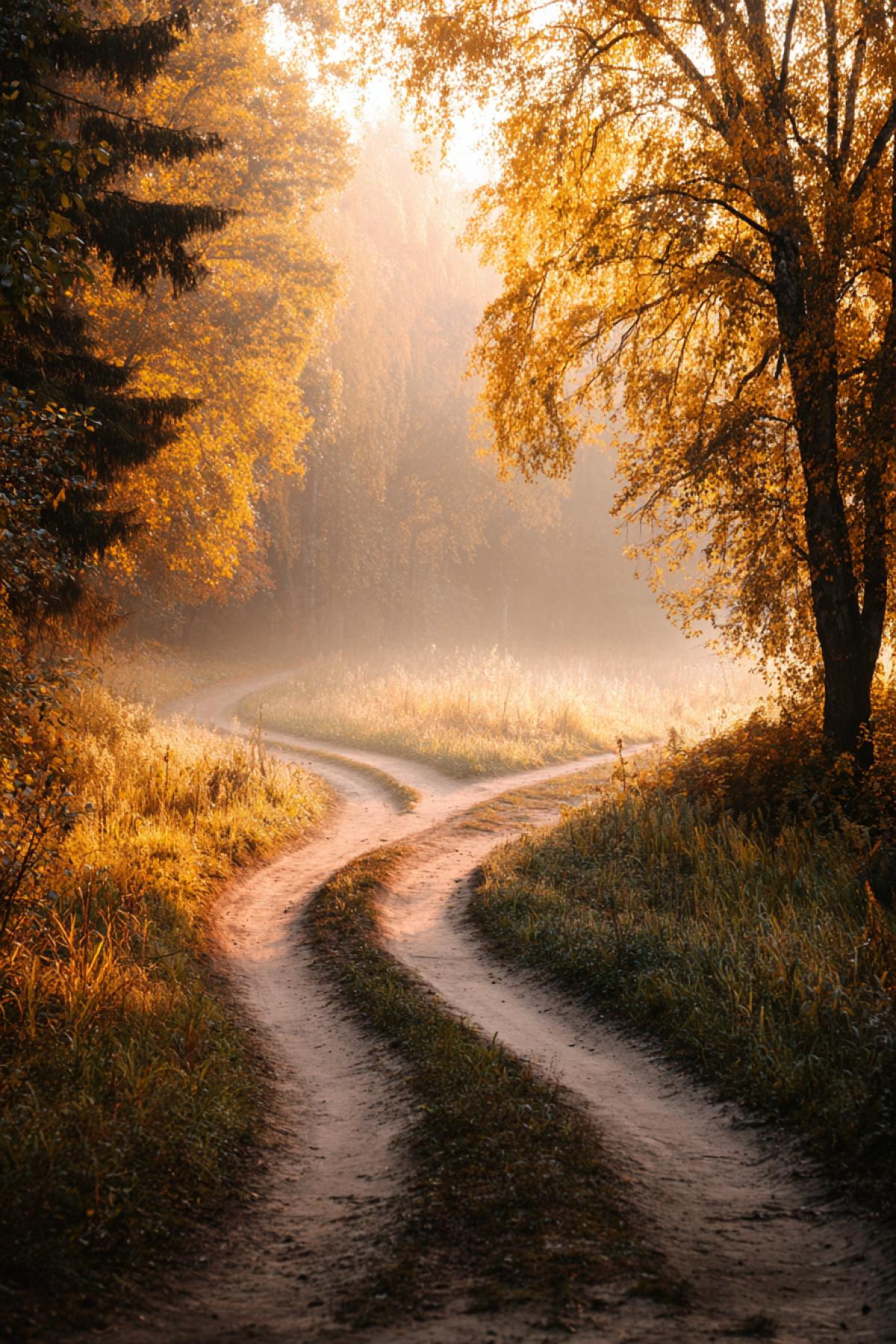 A fork in a dirt road through golden autumn forest, two paths leading in different directions, morning mist, realistic photo, National Geographic style, warm colors