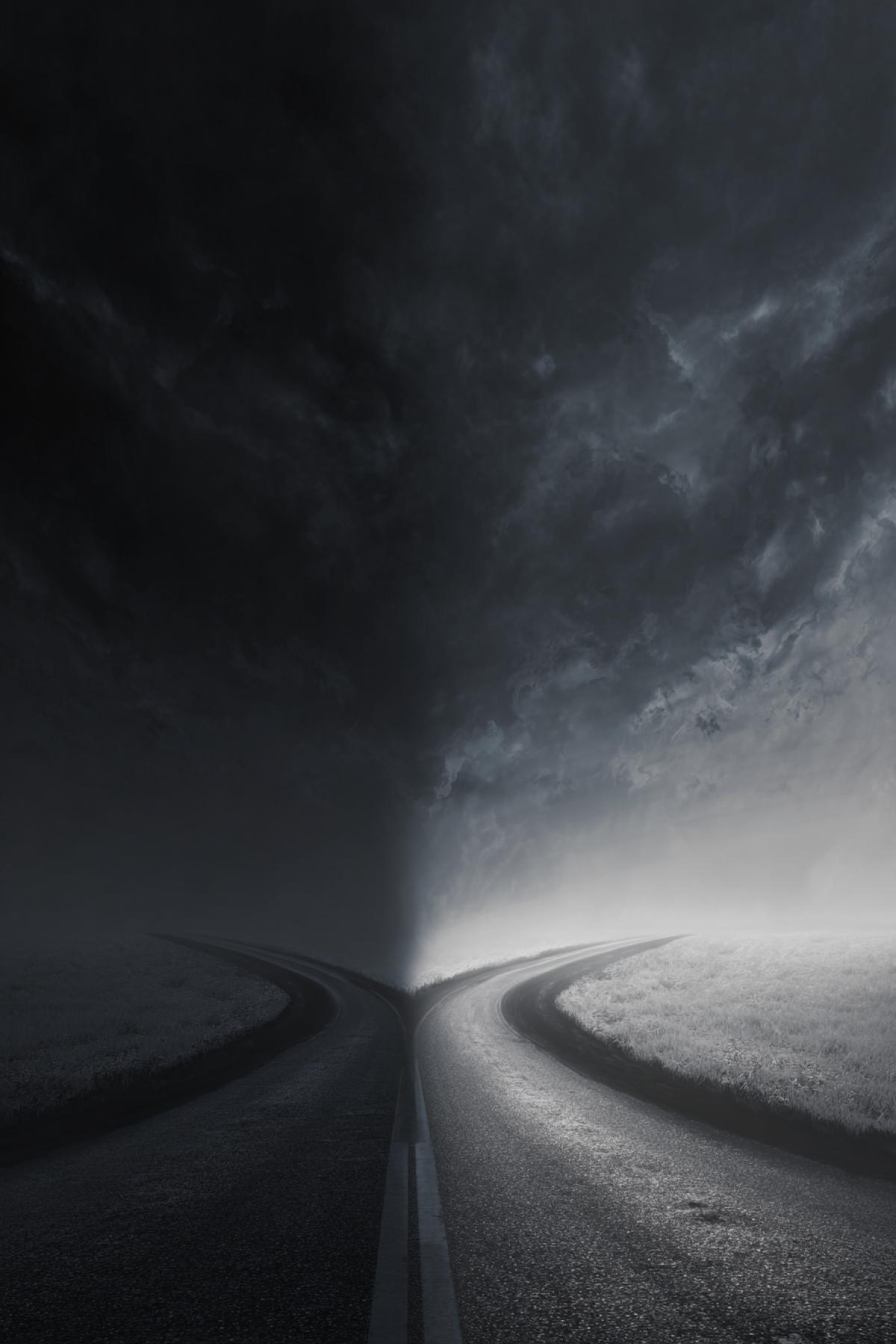 Two roads, dark road, white road, voices, good and evil, flicker, realistic image, 6