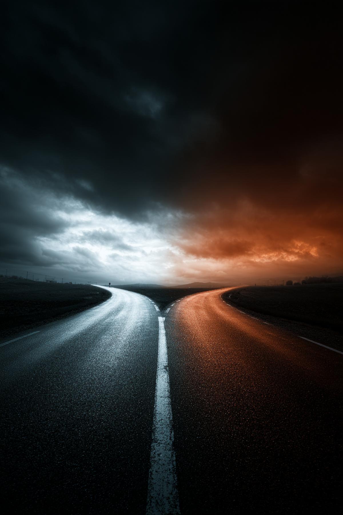 Two roads, dark road, white road, voices, good and evil, flicker, realistic image, halogram, hameleon color