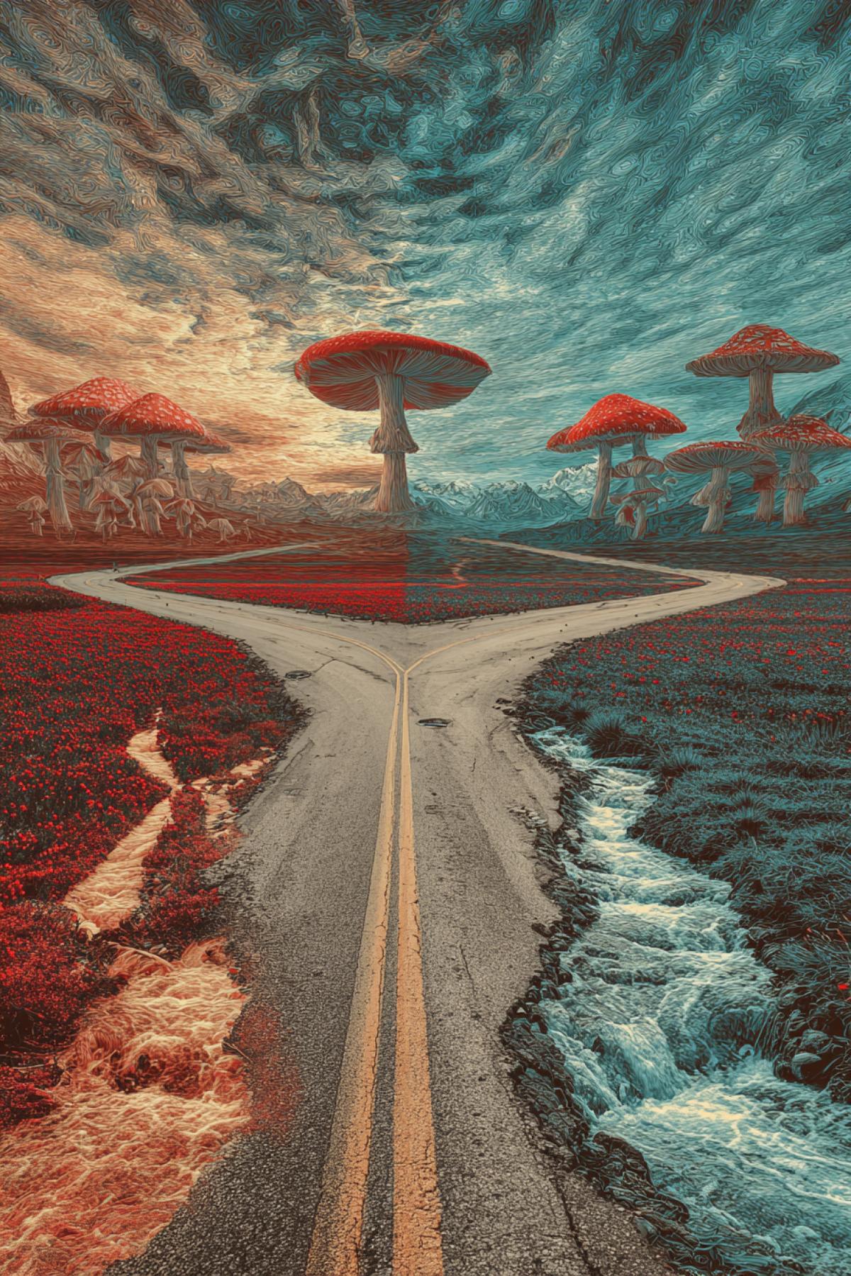 A crossroads of two roads, choice, psychedelic, galogram, confident movement forward, flicker, realistic image, photoshop, world of mushrooms