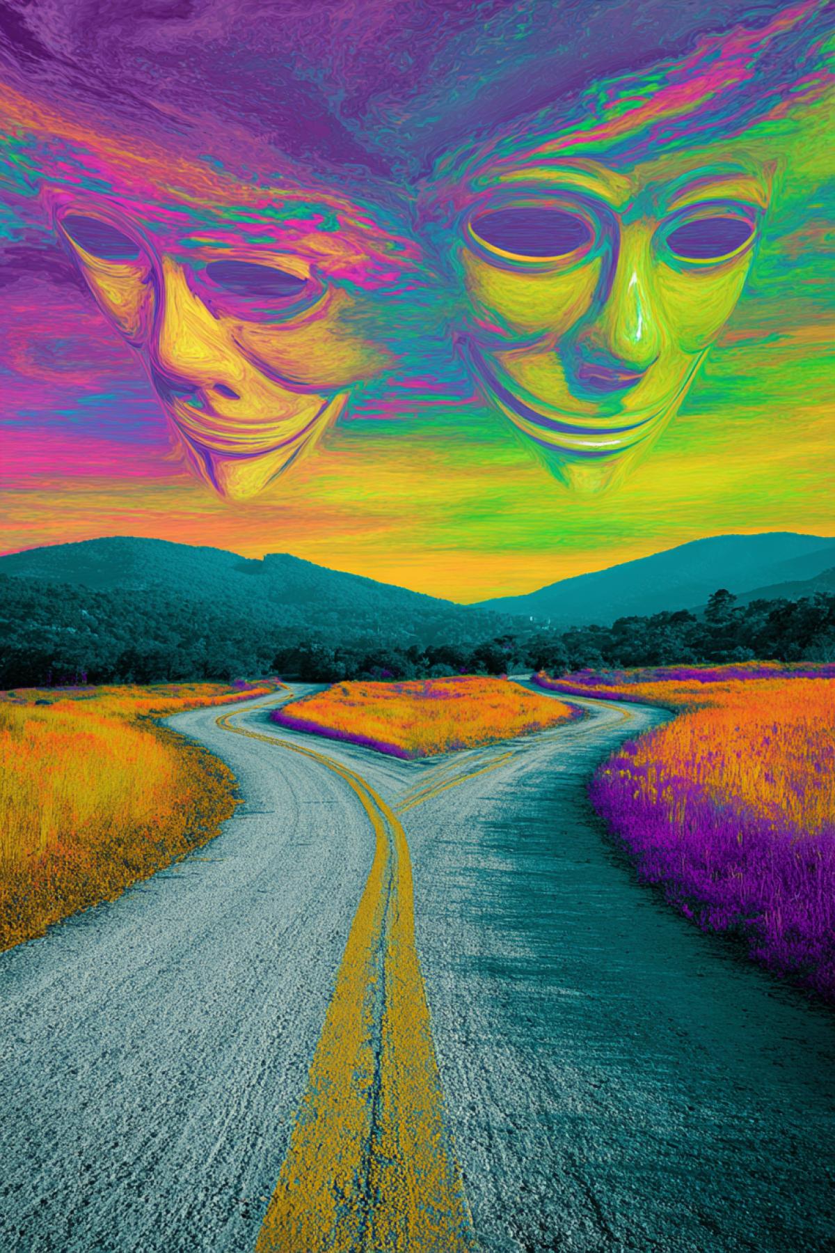 A crossroads of two roads, choice, psychedelic, gallogram, confident movement forward, flicker, realistic image, photoshop, world of masks, many masks