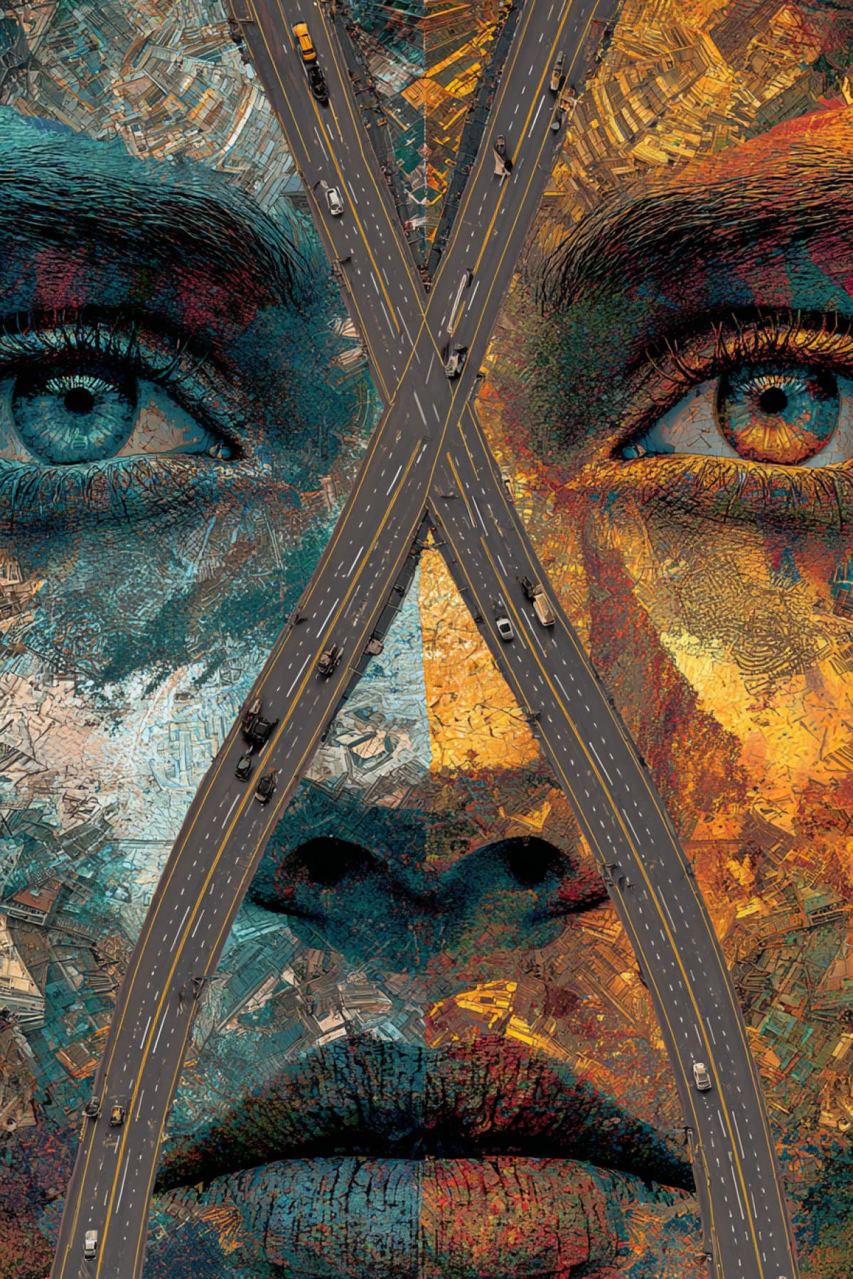 A crossroads of two roads, choice, psychedelic, gallogram, confident movement forward, flicker, realistic image, photoshop, many different faces and masks