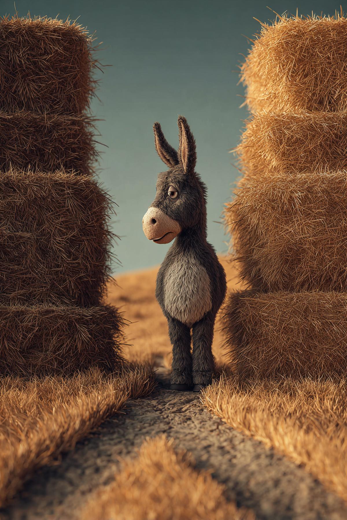 A cute, hungry donkey standing at a crossroads, deeply torn. On the lefta lush stack of fresh hay. On the rightan equally tempting stack of golden hay. The donkey hesitates, paralyzed by choice. Hyper-detailed, whimsical style.