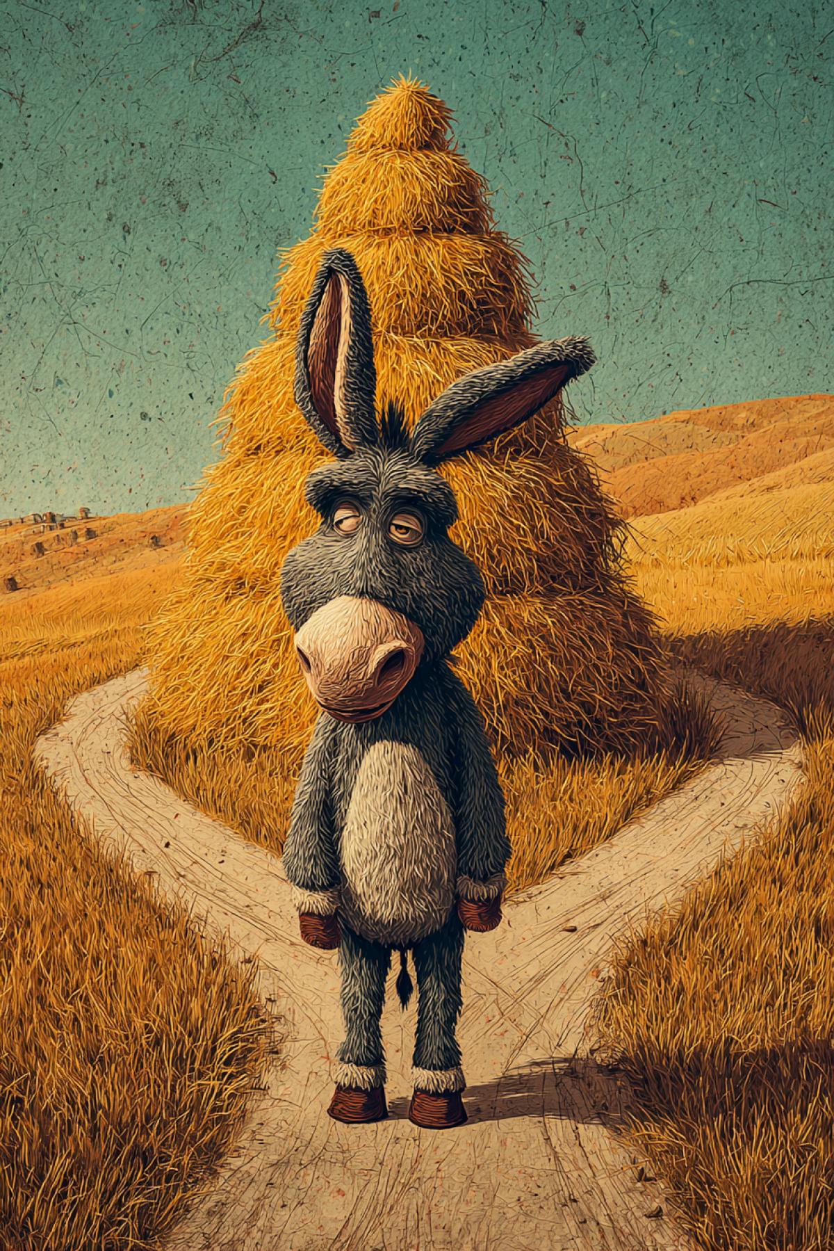 A cute, hungry donkey standing at a crossroads, deeply torn. On the lefta lush stack of fresh hay. On the rightan equally tempting stack of golden hay. The donkey hesitates, paralyzed by choice. Hyper-detailed, whimsical style.