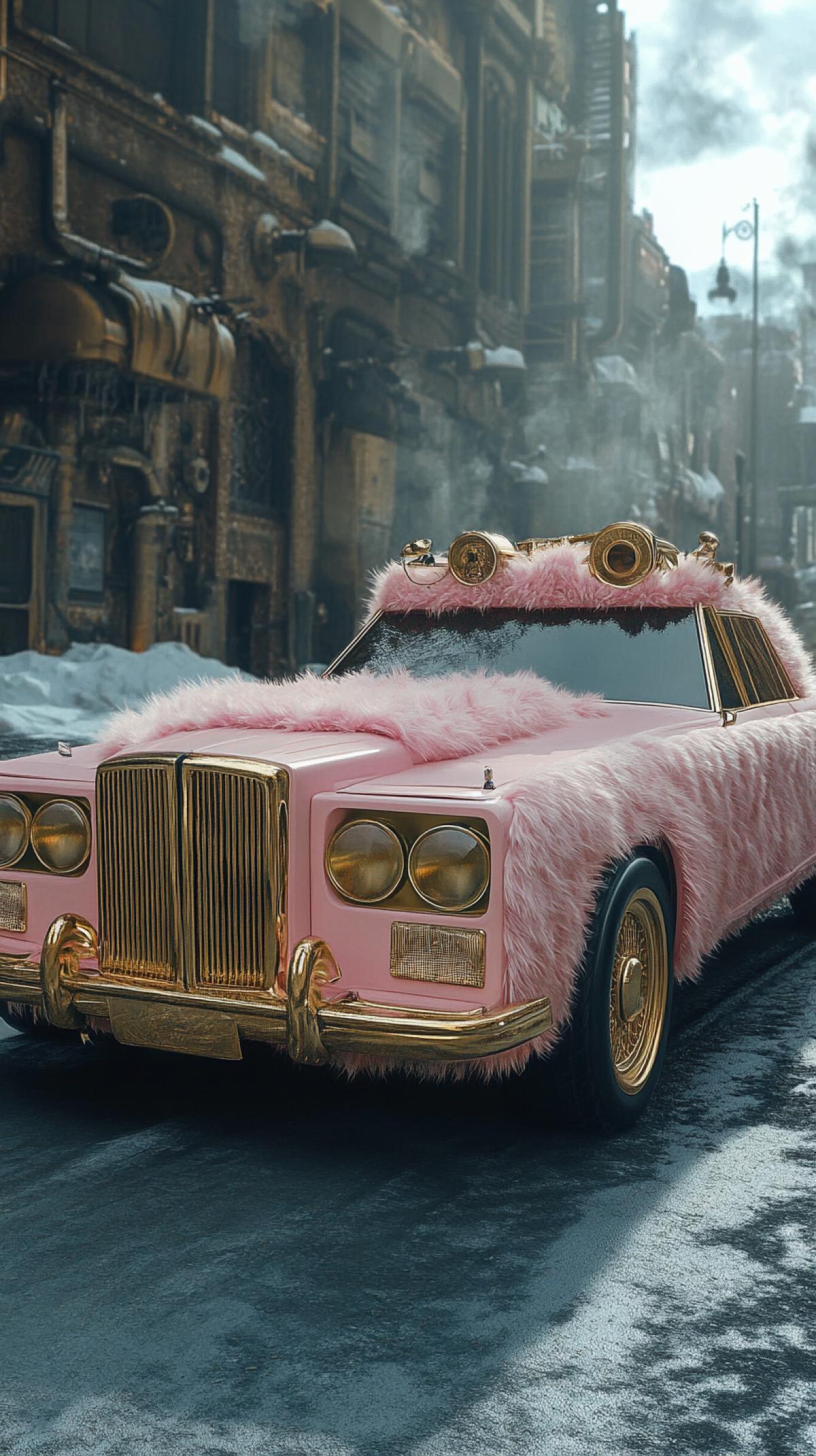 A racing car on top with fur, a fluffy car, a picksar, a car car in a fur coat is very fluffy, retro steampunk