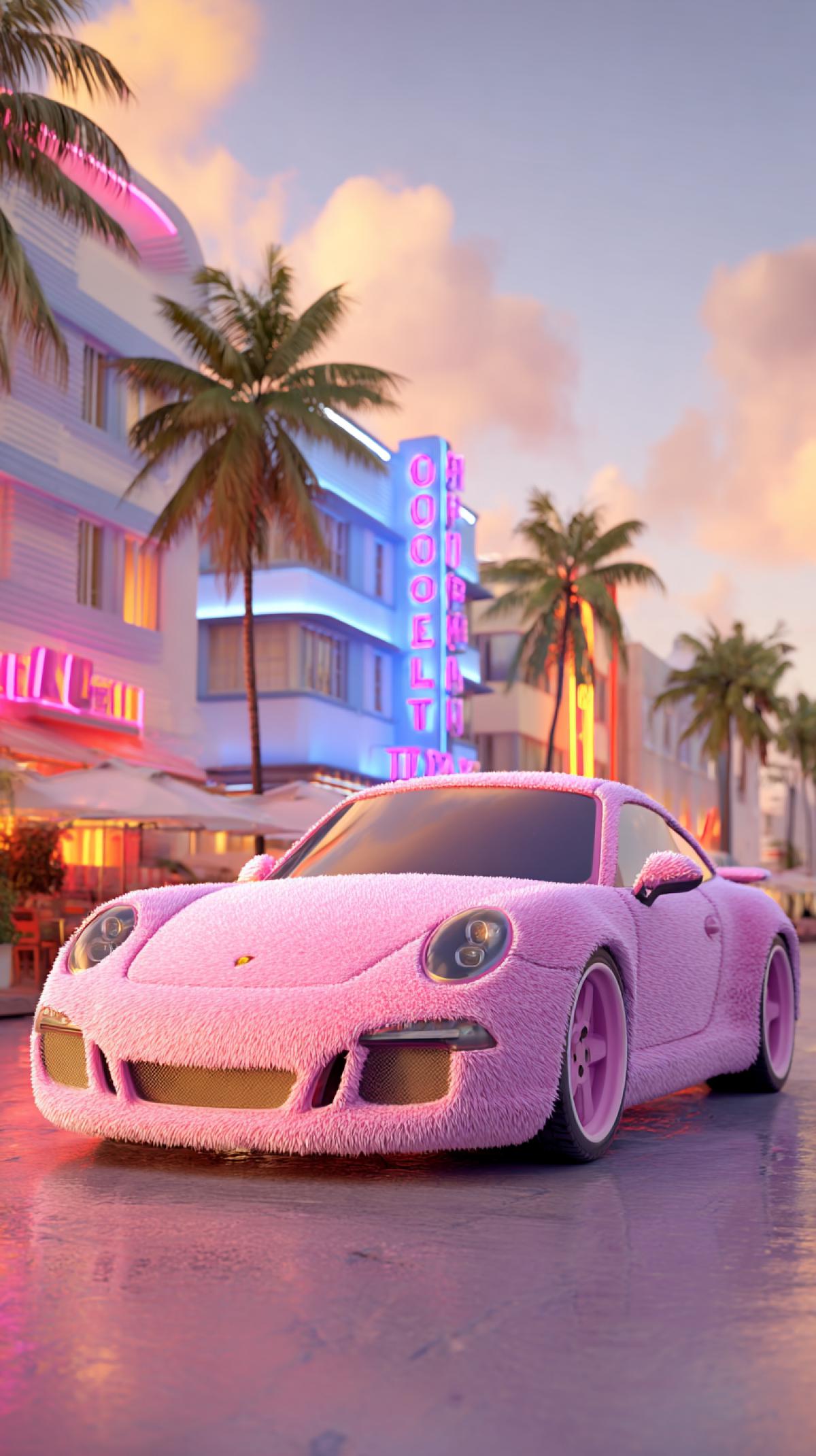 A plush, teddy bear-textured pink Porsche driving. through the vibrant streets of Miami. The cars surface. is covered in soft, fluffy fabric, making it look like a. life-sized luxury toy. The background features tropical. palm trees, neon signs, and pastel Art Deco buildings,. creating a perfect retro-futuristic Miami aesthetic. The. warm sunset glow reflects off the streets, enhancing. the dreamy and surreal atmosphere. A mix of luxury,. fun, and whimsical creativity!