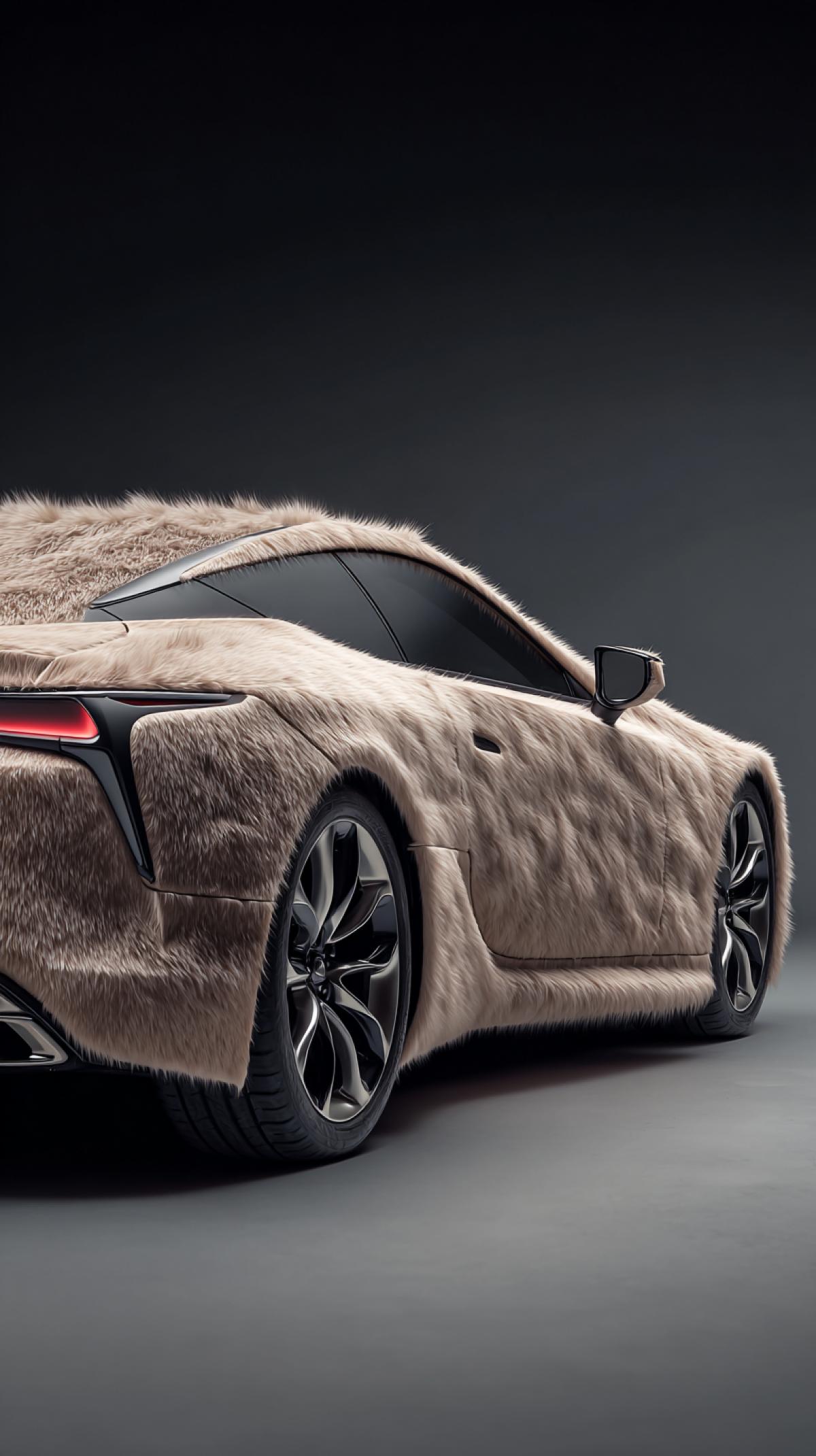 The image shows a. rear three-quarter view of a sleek, modern sports car. completely covered in a thick, light beige fur or faux fur.. The cars is smooth and aerodynamic, with dark,. stylish rims contrasting sharply with the fluffy exterior.. The lighting is dramatic, emphasizing the texture of the. fur and the cars curves. The background is a simple,. dark gray, drawing all attention to the uniquely textured. vehicle. The overall impression is one of unexpected. luxury and playful juxta4k of materials.