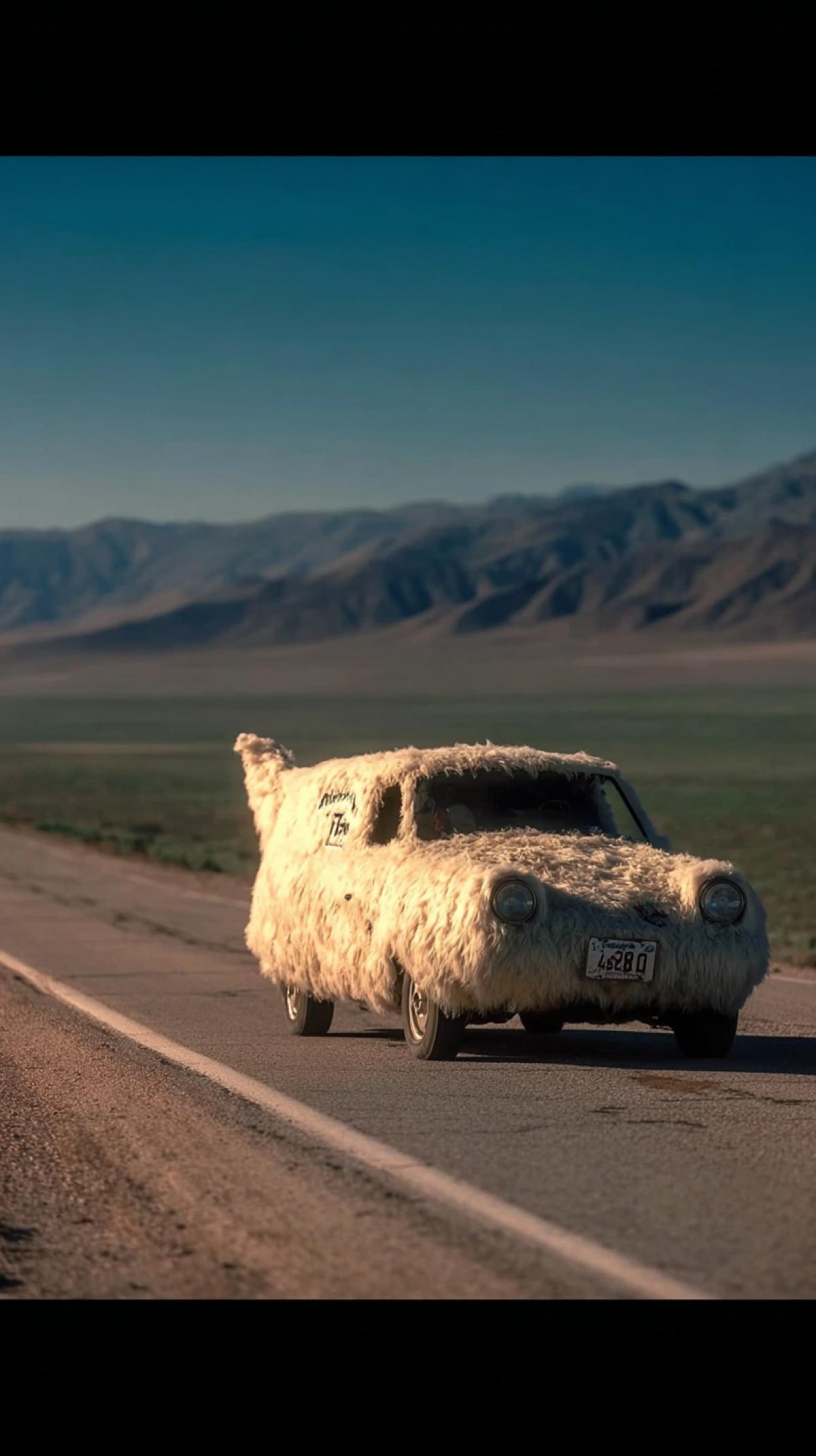 a car in the form of a fluffy big dog, on a deserted road, mountains on the horizon, a frame from the movie Dumb and Dumber