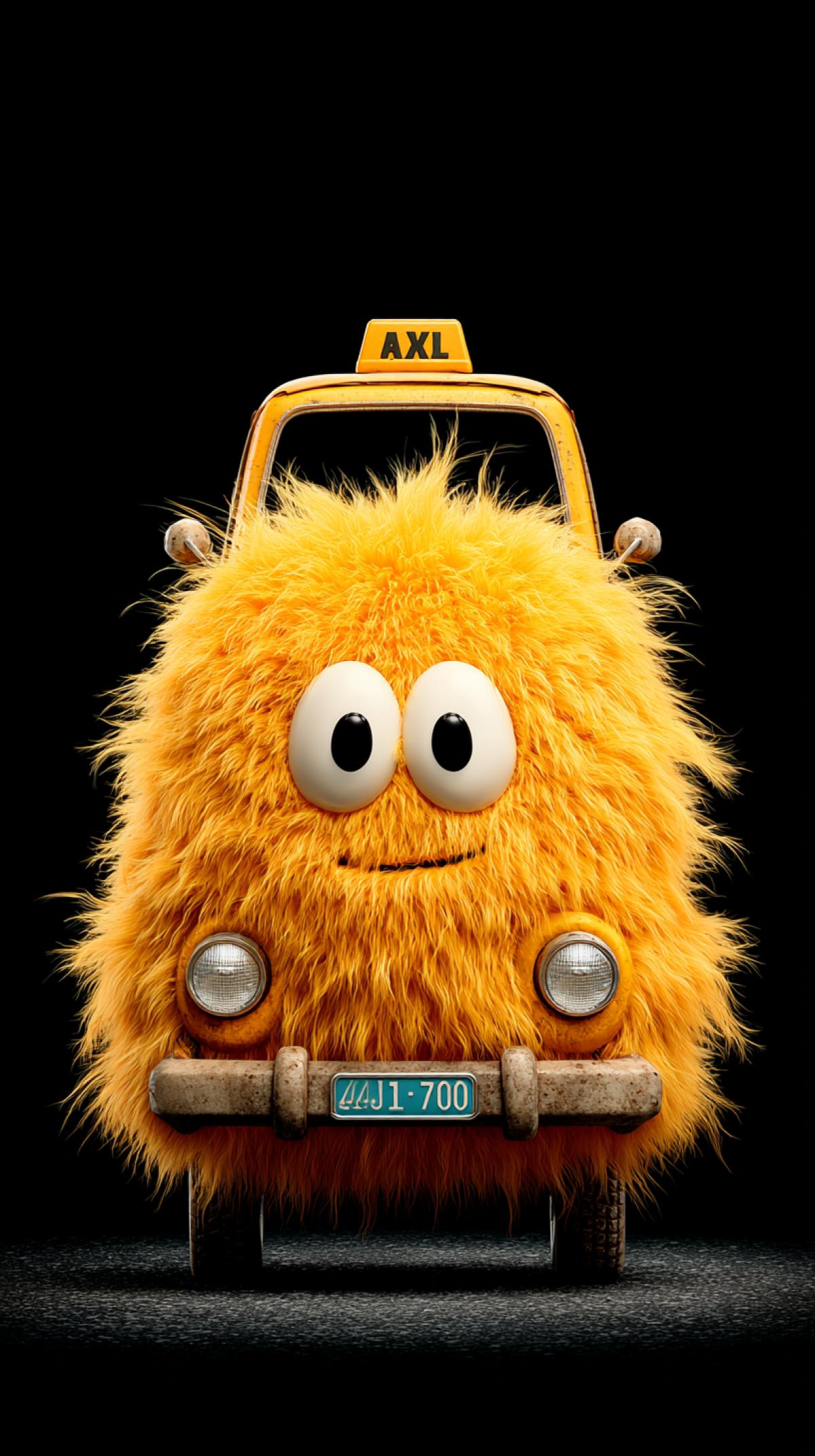 Cute, adorable, fluffy yellow monster car. cartoon style