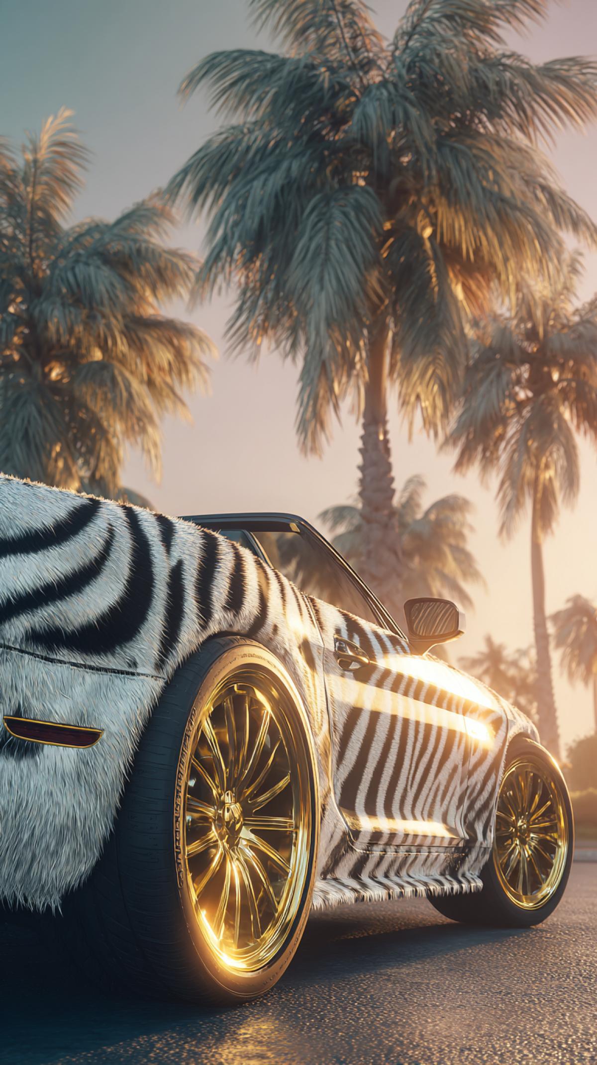 luxury car, The surface of the car. is covered with soft, fluffy zebra fur, golden wheels, a combination of gold and zebra fur texture, tropical. palm trees in the background, . The warm glow of the sunset reflects off the streets,. creating a dreamy and surreal atmosphere. A combination of luxury,. fun and whimsical creativity!