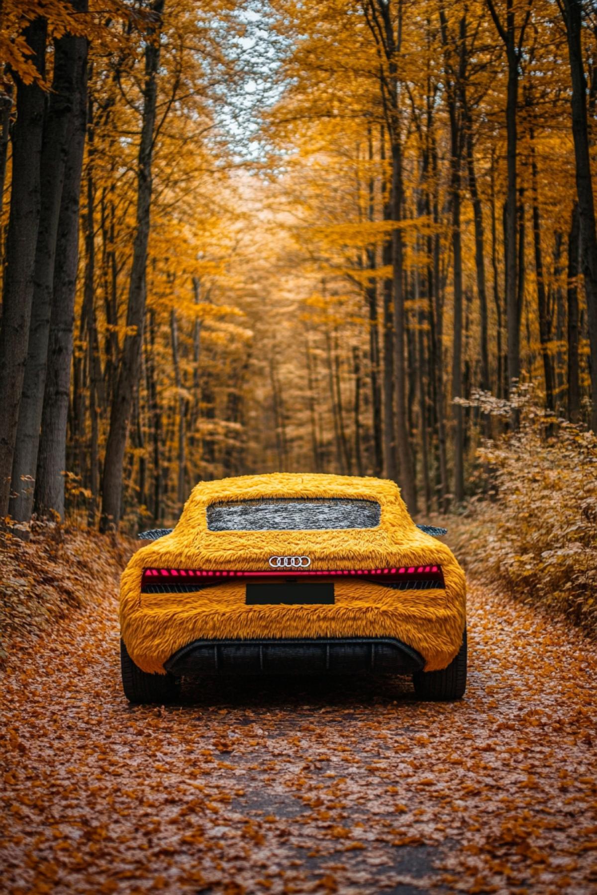 Yellow Audi covered with fur travels along the road in a beautiful forest. Very fluffy like a cartoon