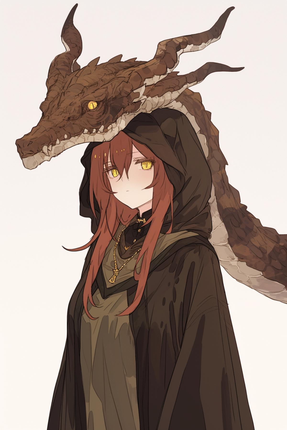 A tall woman, with long brown-red hair and amber eyes, on the head of the dragon horns, the left is slightly shorter than the right. He is dressed in a simple Hanfa in an inconsistent color, and a slightly battered cloak with a hood. The background is onecolor. Facial features are slightly rude, medium physique