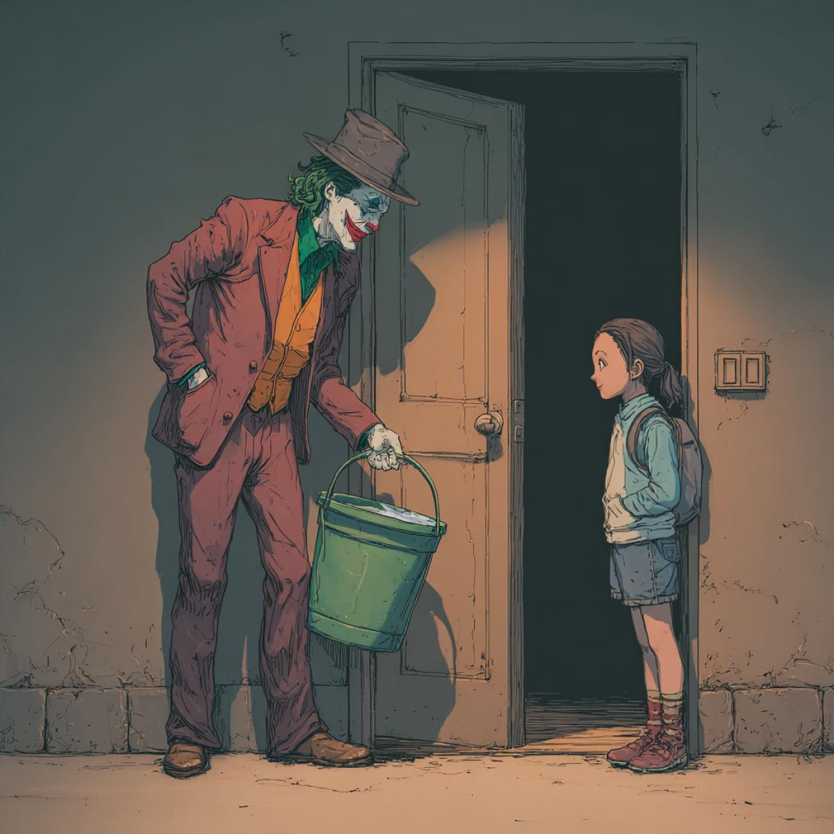 The joker standing outside the door with a bucket of water trying to pour the girl entering the door not suspecting