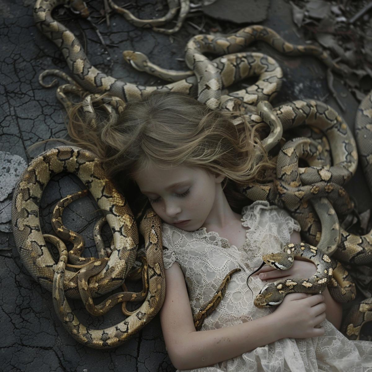 Little girl sleeps on the asphalt and around her a lot of snakes view from the top