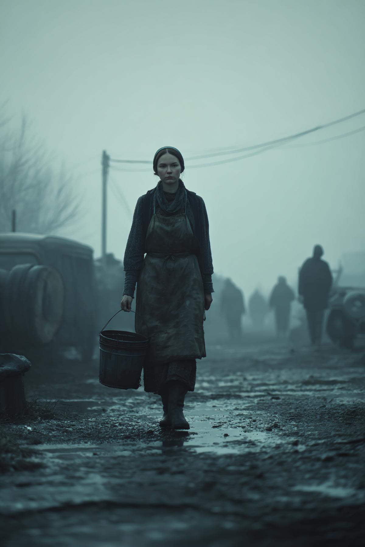 A stern Russian woman walks forward with an empty bucket, her expression cold and determined. The atmosphere is tense, thriller-like, with a sense of lurking danger. Dark, moody lighting, muted colors, foggy or desolate surroundings. Cinematic com4k, dramatic shadows, hyper-realistic style, 8K, ultra-detailed.
