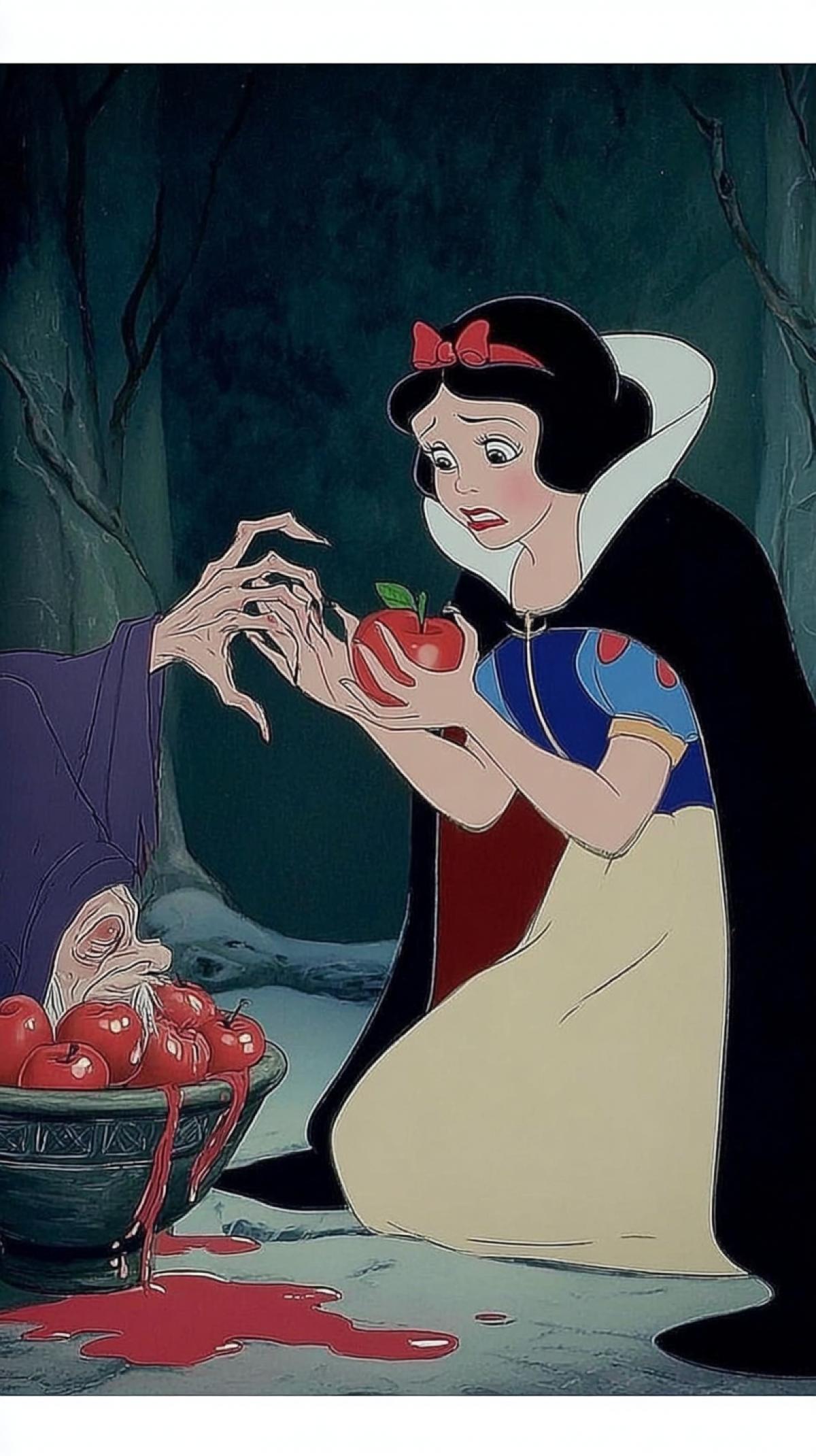 The witch treats Snow White with a poisoned apple, Disney cartoon