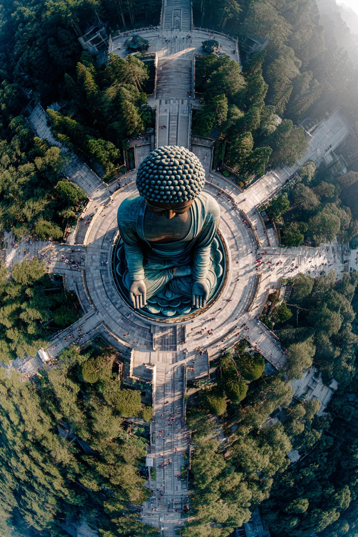 Fisheye lens. The Earth is a sphere. Many roads converge at a single point. At the center of the crossroads sits the Great Buddha, serene and majestic. All roads lead to one point.
