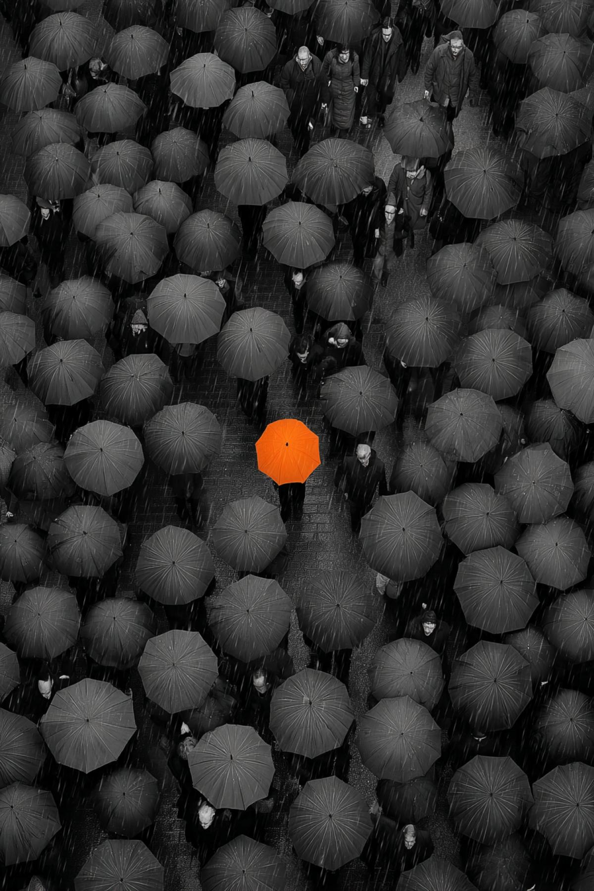 shot from above. pouring rain, monochrome, busy street, everyone is walking under dark umbrellas. among the dark umbrellas one orange one stands out.
