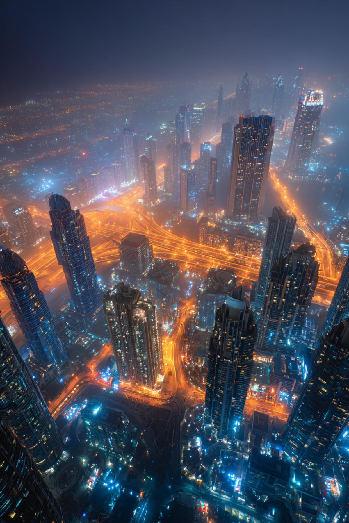 Ultra-high aerial photo of a metropolis at night, car lights forming golden and red rivers between skyscrapers, long exposure from drone, 8K, hyper-realistic, cinematic colors, depth enhanced by fog layers.