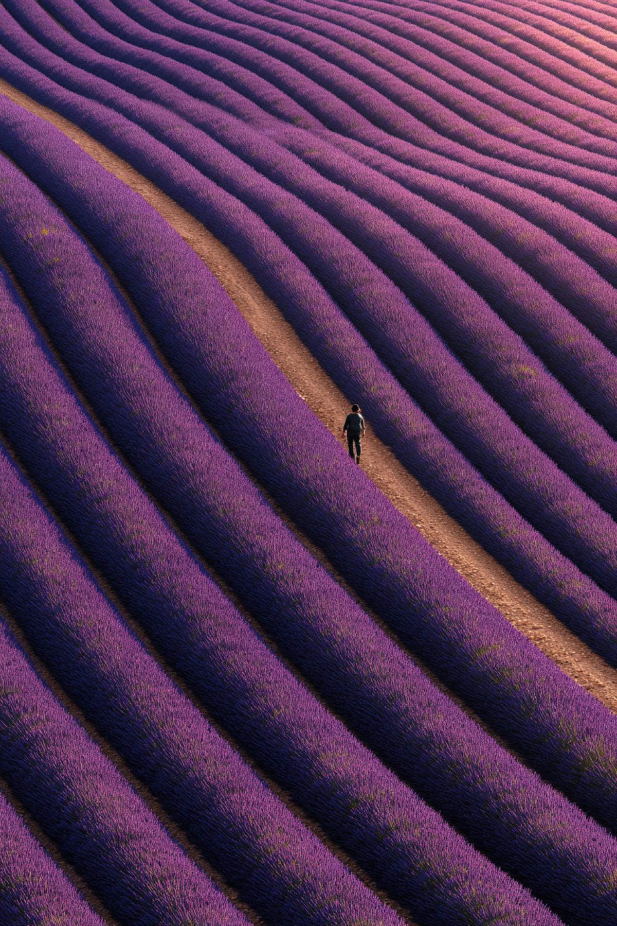Drone view of endless lavender fields in Provence, perfect rows creating hypnotic patterns, single worker walking between purple lines, shot at golden hour, Fujifilm GFX 100S, ultra-detailed, soothing palette.