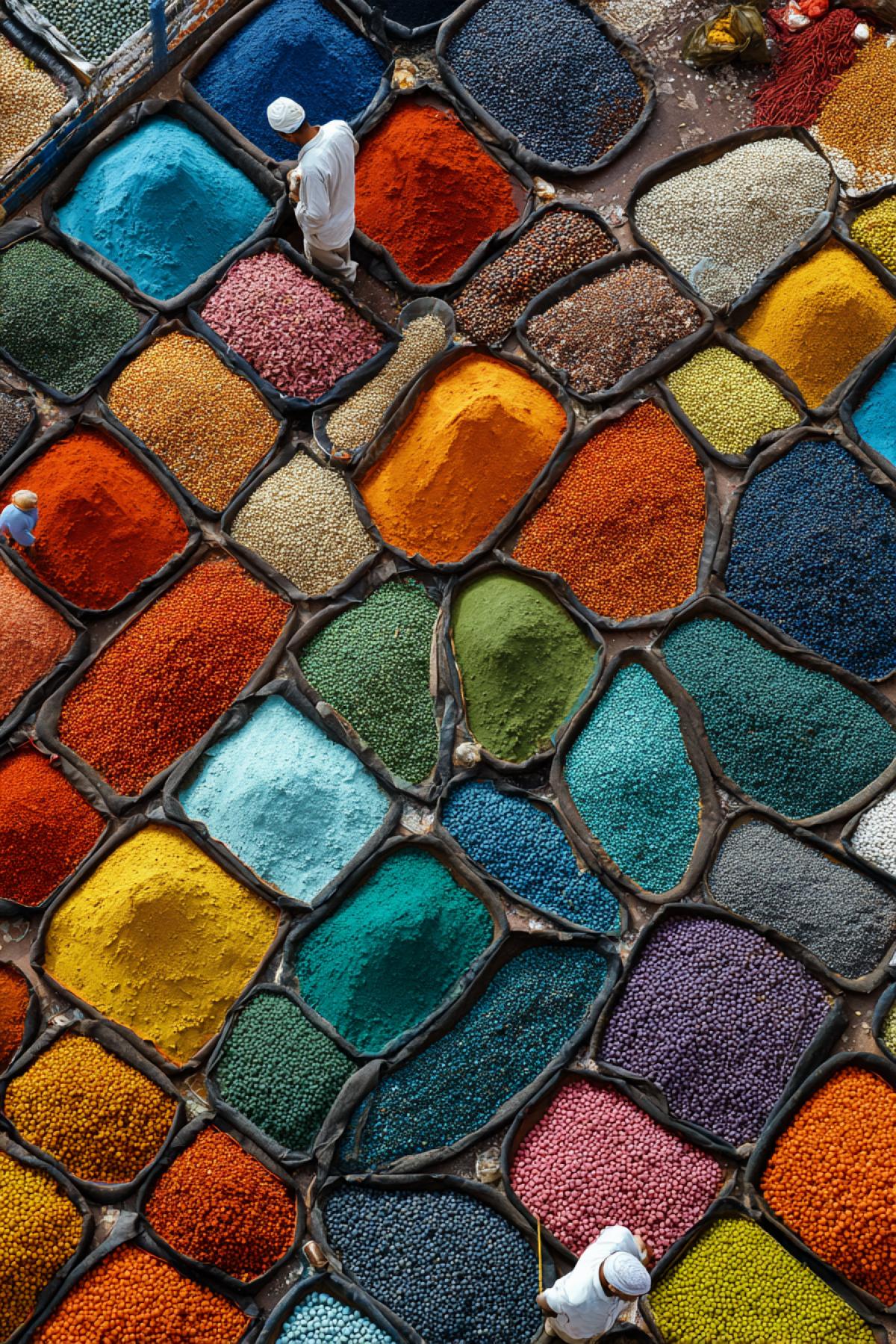 Aerial view of an Indian spice market, hundreds of vibrant powder piles (turmeric, chili, saffron) forming abstract mosaics, merchants in white shirts as contrast points, Sony A7RV, 50mm for minimal distortion.