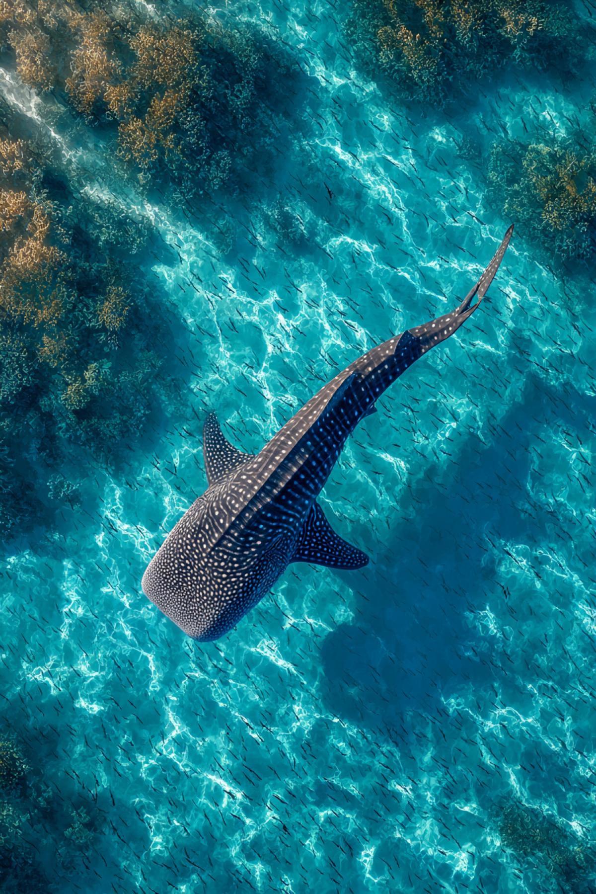 A super-detailed view of the big whale shark swimming through the turquoise ocean Strait-its spotted skin forms fractal patterns, and the throws the perfect shadow on the sea bottom with coral gardens. It is removed from the drone at a height of 30 meters, the water is crystal transparent, the suns rays are refracted in the waves, creating the effect of liquid gold. The depth of sharpness emphasizes each fin, in the distance a flock of small fish in the shape of a heart. Photorealism 12k, colors: aquamarine + cobalt + amber. Com4k: the shark is located according to the rule of the golden section.