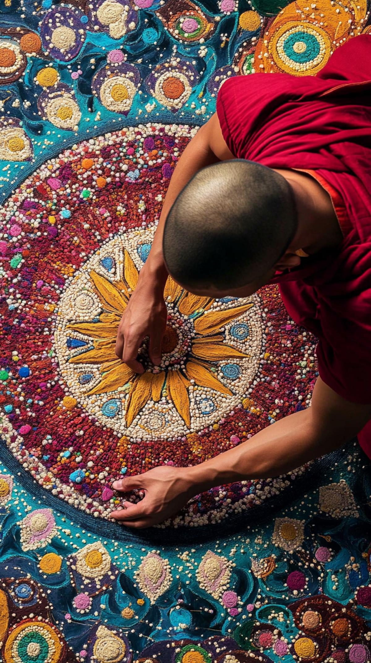 Buddhist monk creates a sand mandala, view of the top