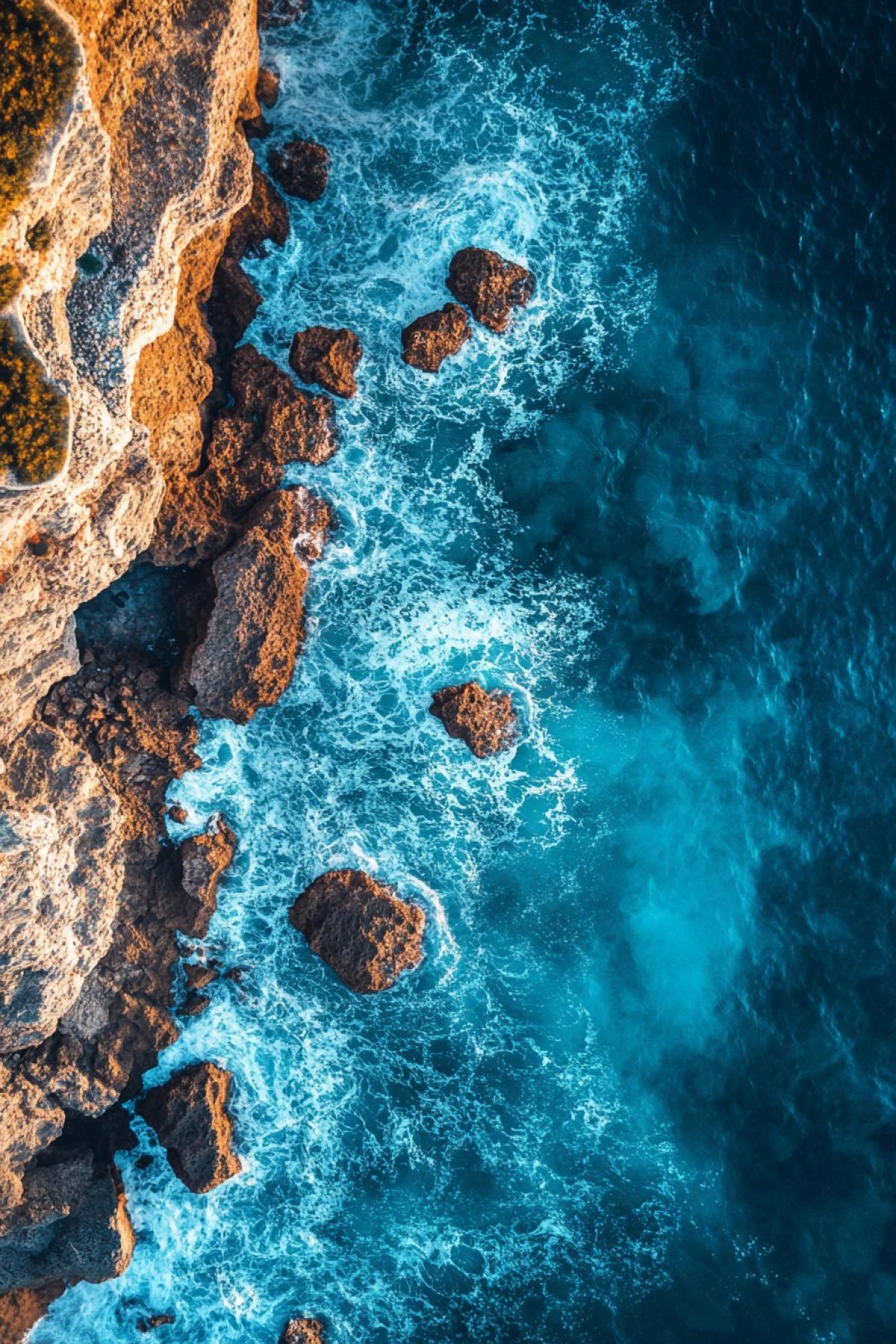 Top view. The coast of the ocean. Night, stars, corals, bright light of the moon