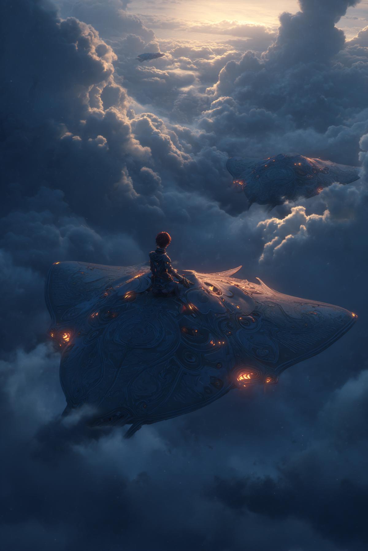 very close, sky, clouds, two big electric stingray monsters, decorated with glowing runes, floating across the sky, a girl sitting on top of one of the stingrays, unusual, top view, depth, realistic, subdued light, dark clouds, moonlight breaking through the clouds, dark fantasy, complex angle, epic, multi-level