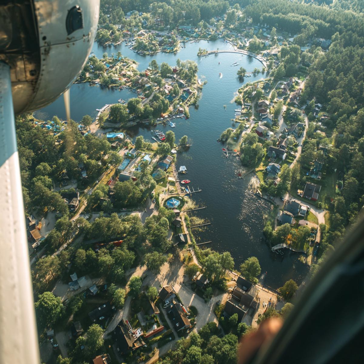 View from a birds flight to a childrens town. The lens is frying the eye