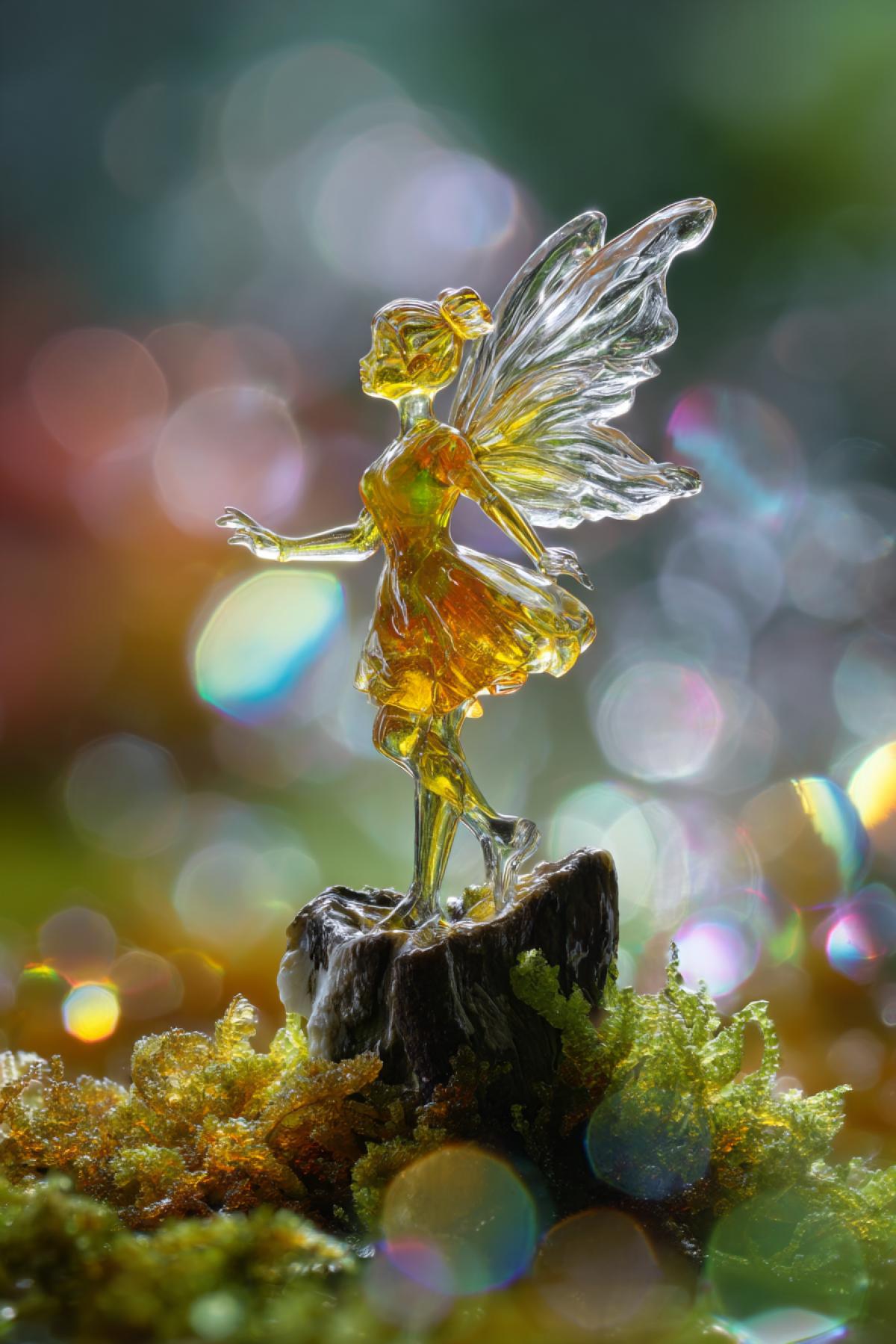 Delicate glass fairy figyellow water with wings, caught in a ray of morning sunlight. The figure stands on a moss-covered tree stump, with prism effects creating rainbow spots on the surrounding surface. Macro photography, 100mm lens, f/2.8, shallow depth of field highlighting intricate glasswork details. Ethereal and magical atmosphere.