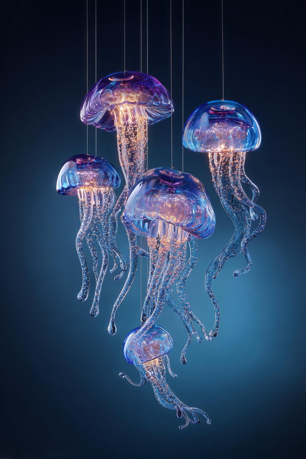 Group of hand-blown glass jellyfish sculptures suspended on nearly invisible threads, appearing to float in deep blue space. Each unique with flowing tentacles and internal air bubbles resembling plankton. Shot with backlighting to create ethereal glow, mimicking ocean depths. 50mm art lens, dreamlike quality.